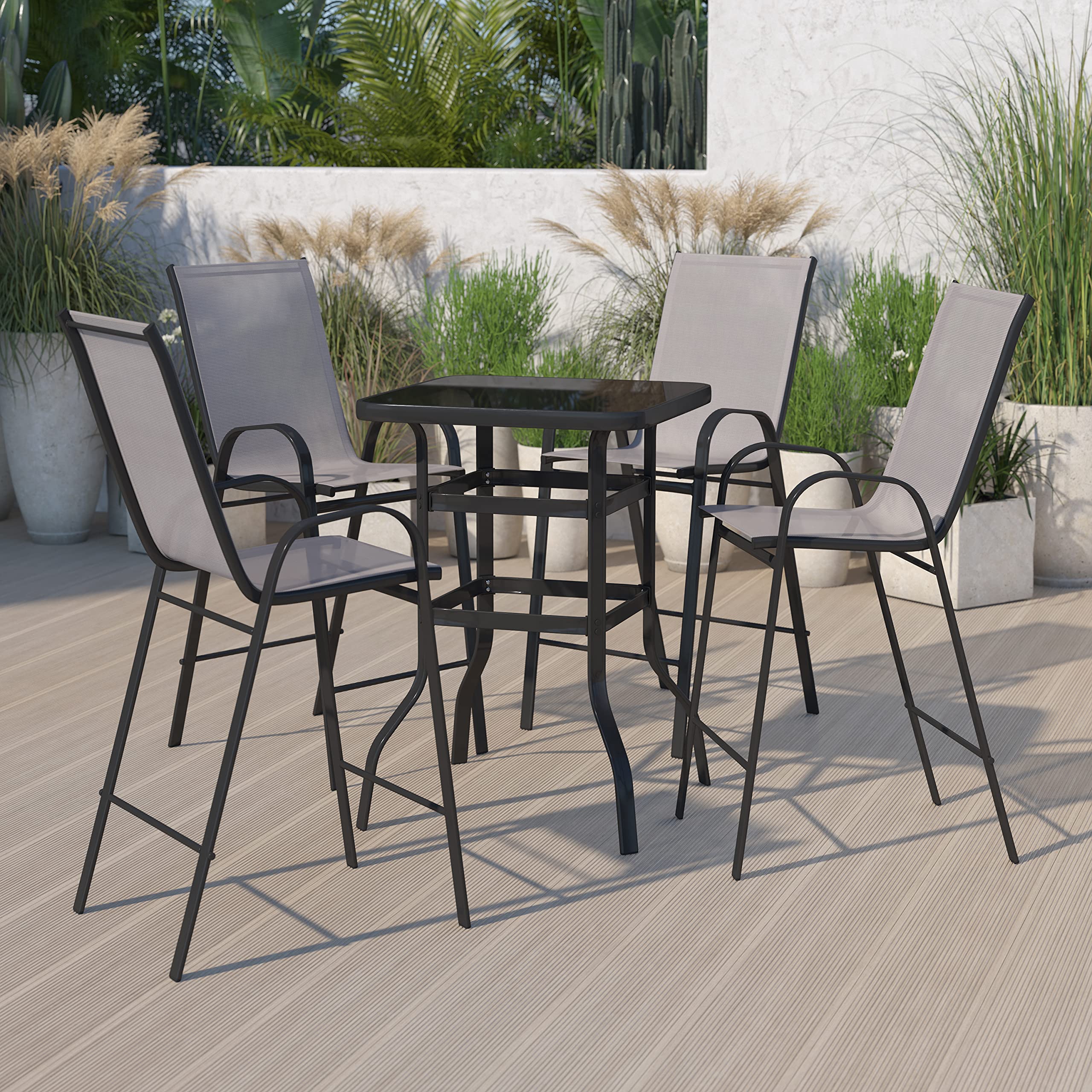 5-Piece Glass Bar Table Set with 4 Gray Patio Bar Stools - Modern Outdoor Dining Furniture for Patio, Garden, and Backyard Entertaining