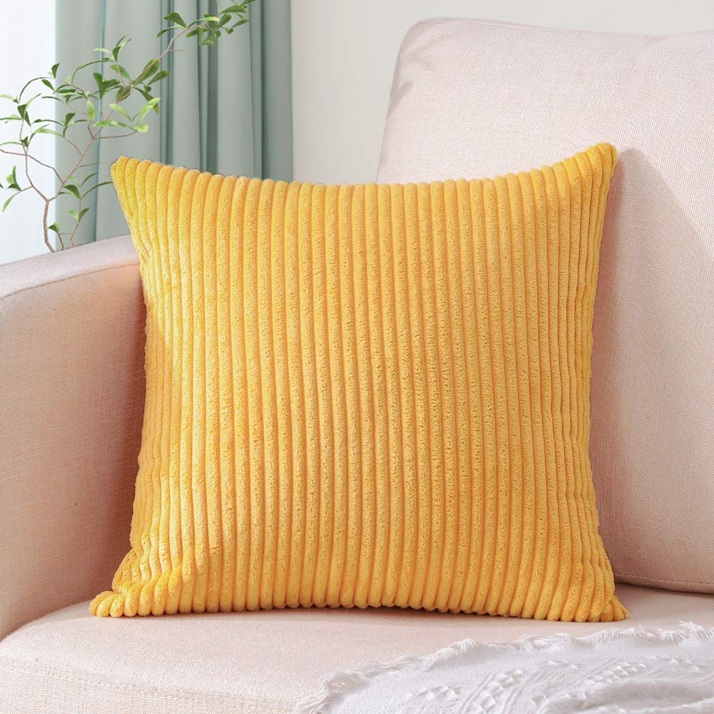 Artscope 18x18 Inch Cozy Striped Corduroy Pillow Covers - Super Soft Decorative Square Throw Pillow Cases for Sofa, Couch, Bed & Car - Yellow Home Decor for Living Room, Nursery & Office