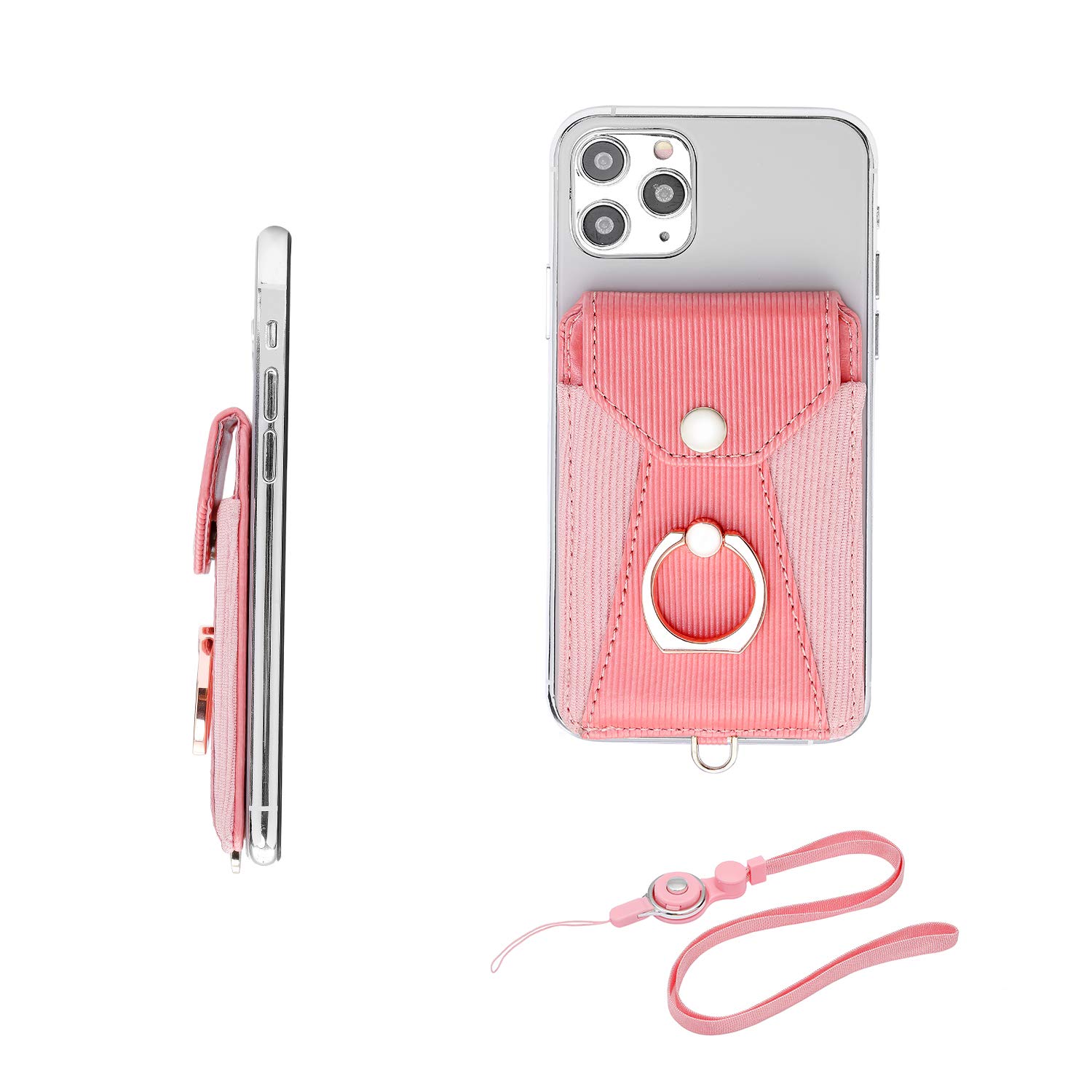 Pink Adhesive Stick-on Cell Phone Card Holder with Ring Grip Stand & Detachable Neck Strap - Wallet Pocket for Credit Cards, ID & Cash - Perfect for Hands-Free Shopping, Travel & Daily Commute