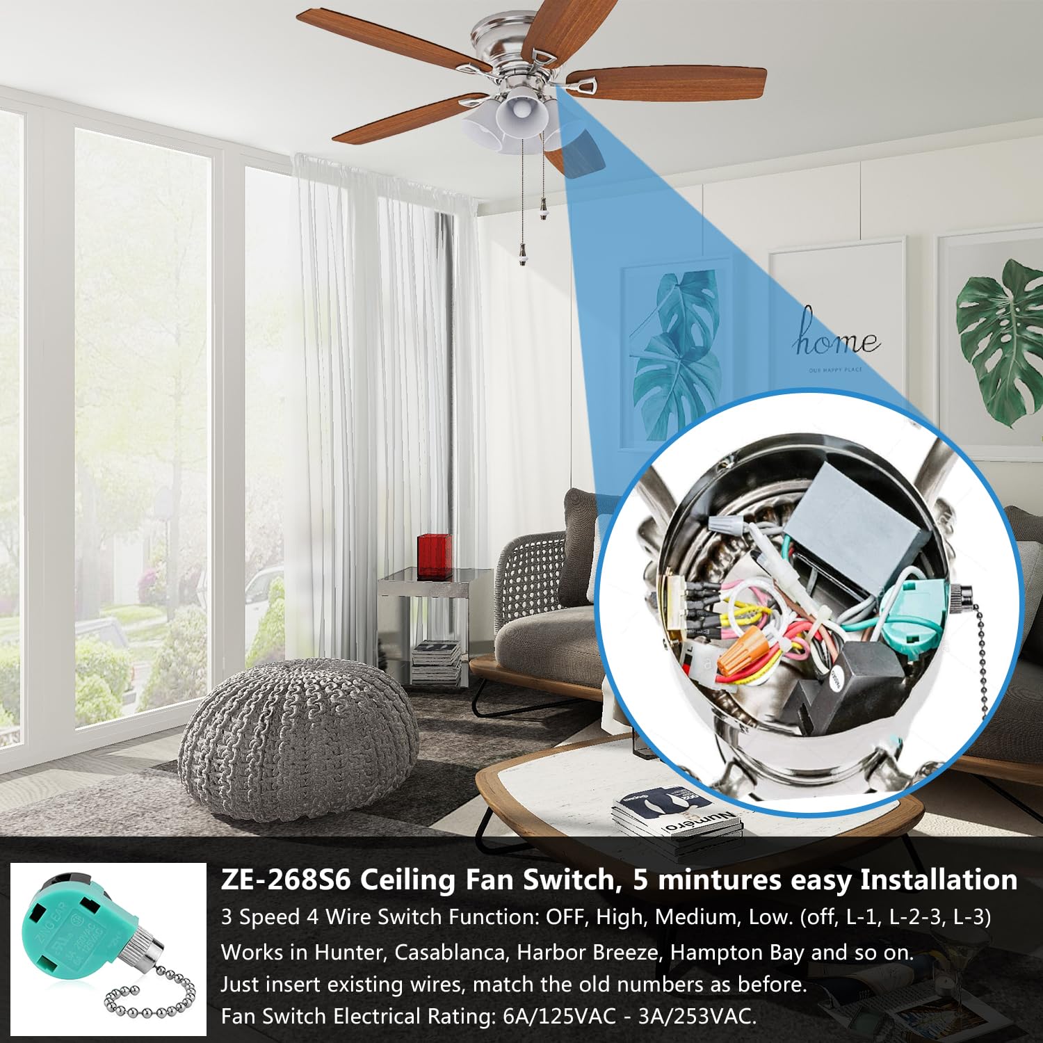 3-Speed 4-Wire Ceiling Fan Switch ZE-268S6 - Compatible with Hunter Ceiling Fans, Lamps & Wall Lights - Nickel Pull Chain Control - Perfect for Bedroom, Living Room & Office Fan Replacement
