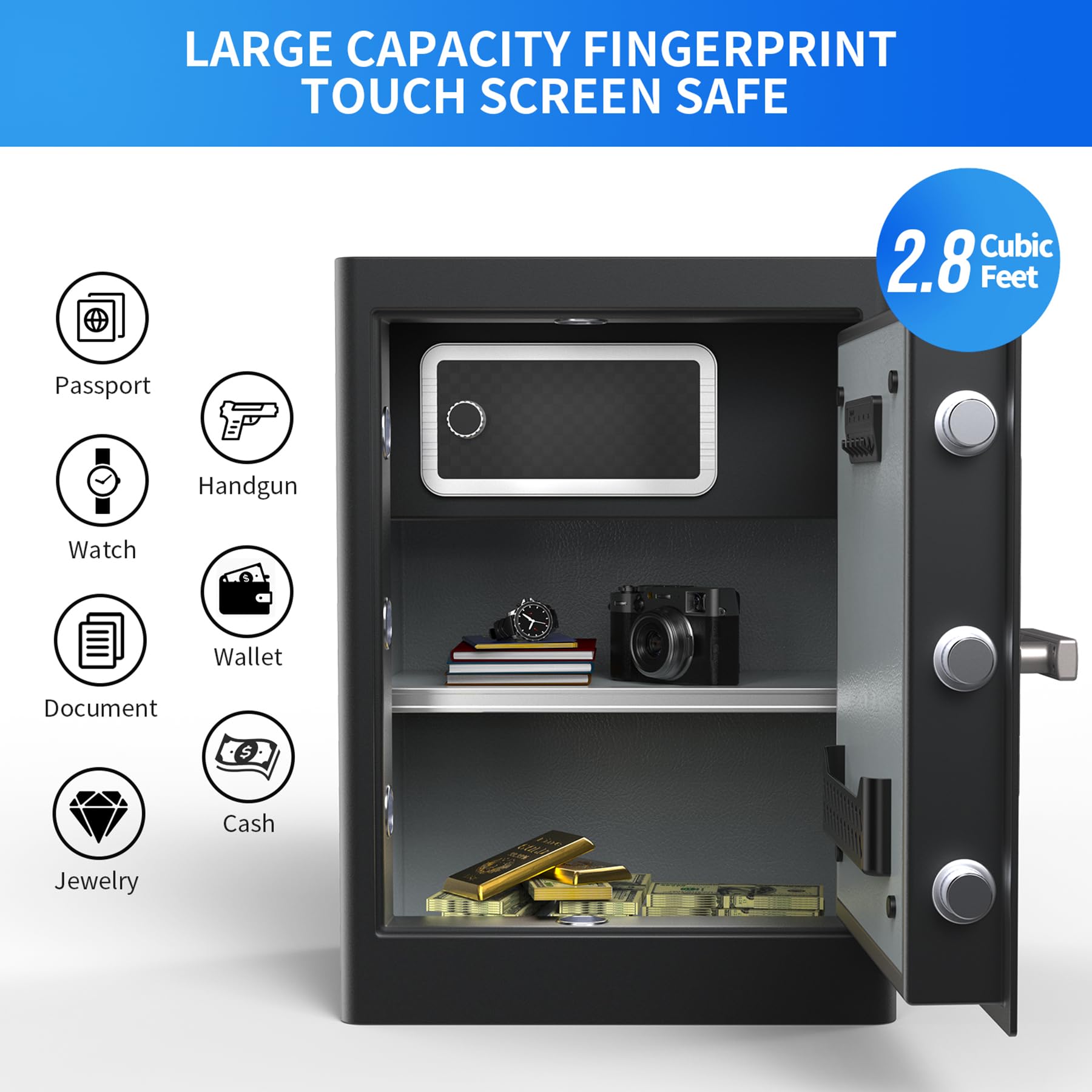 RPNB Deluxe Home Safe Box with Smart Touch Screen & Biometric Fingerprint Lock - Voice Prompt, One-Touch Unlock, Interior Storage, Dual Alarm System (2.8 Cubic Feet) - Perfect for Home, Office & Hotel Security