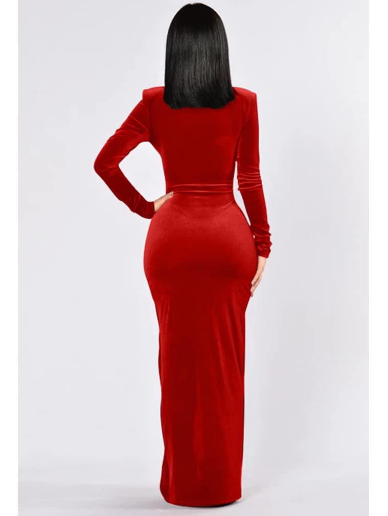 ZileZile Women's Sexy Bodycon Long Sleeve Deep V Neck High Slit Cocktail Party Maxi Dress - Elegant Evening Gown for Night Out, Club, Date Night & Special Occasions