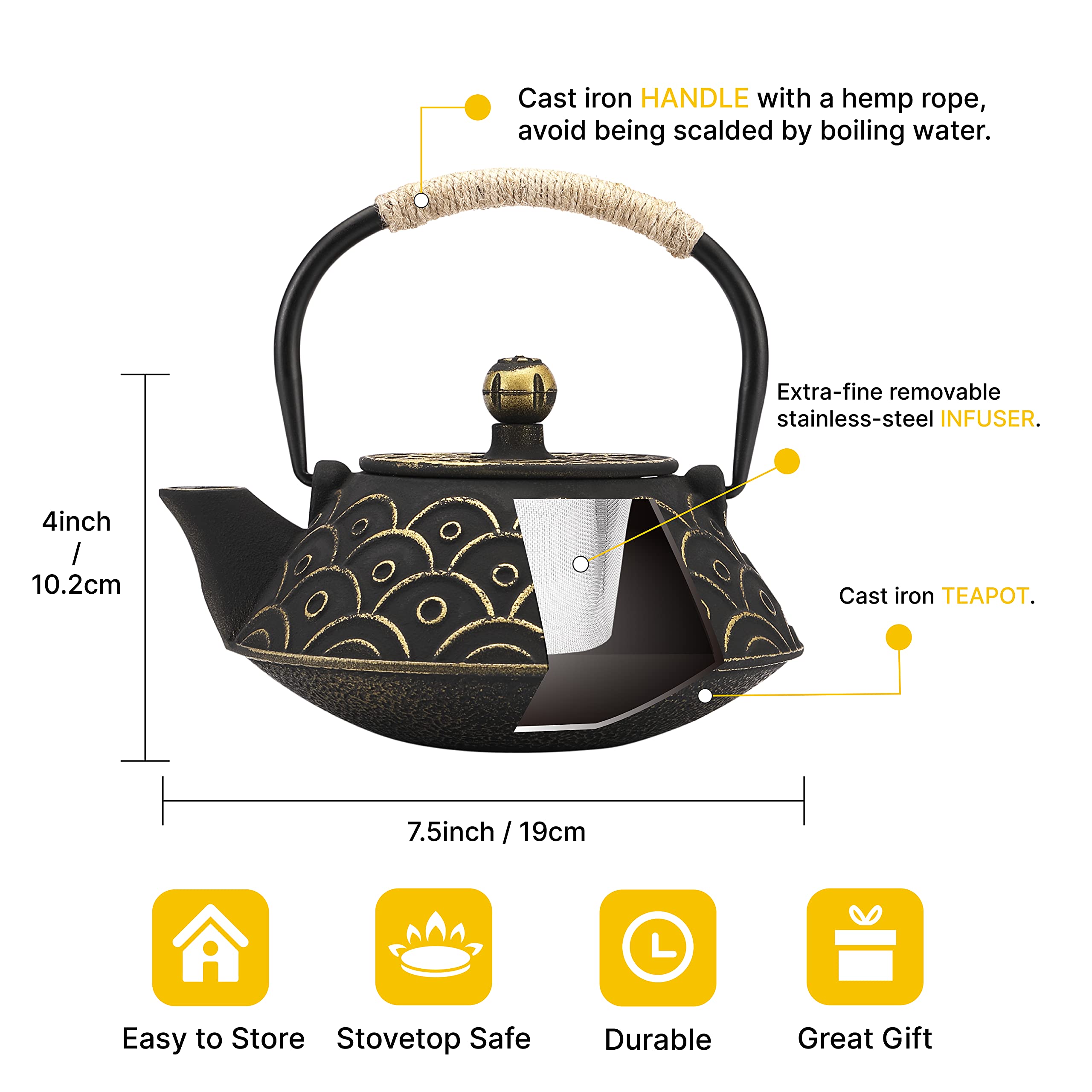 VUDECO 30oz Gold & Black Japanese Cast Iron Teapot Set with Infuser - Traditional Tetsubin for Loose Leaf Tea Brewing - Perfect for Home, Office & Tea Ceremonies - Stovetop & Wood Stove Compatible