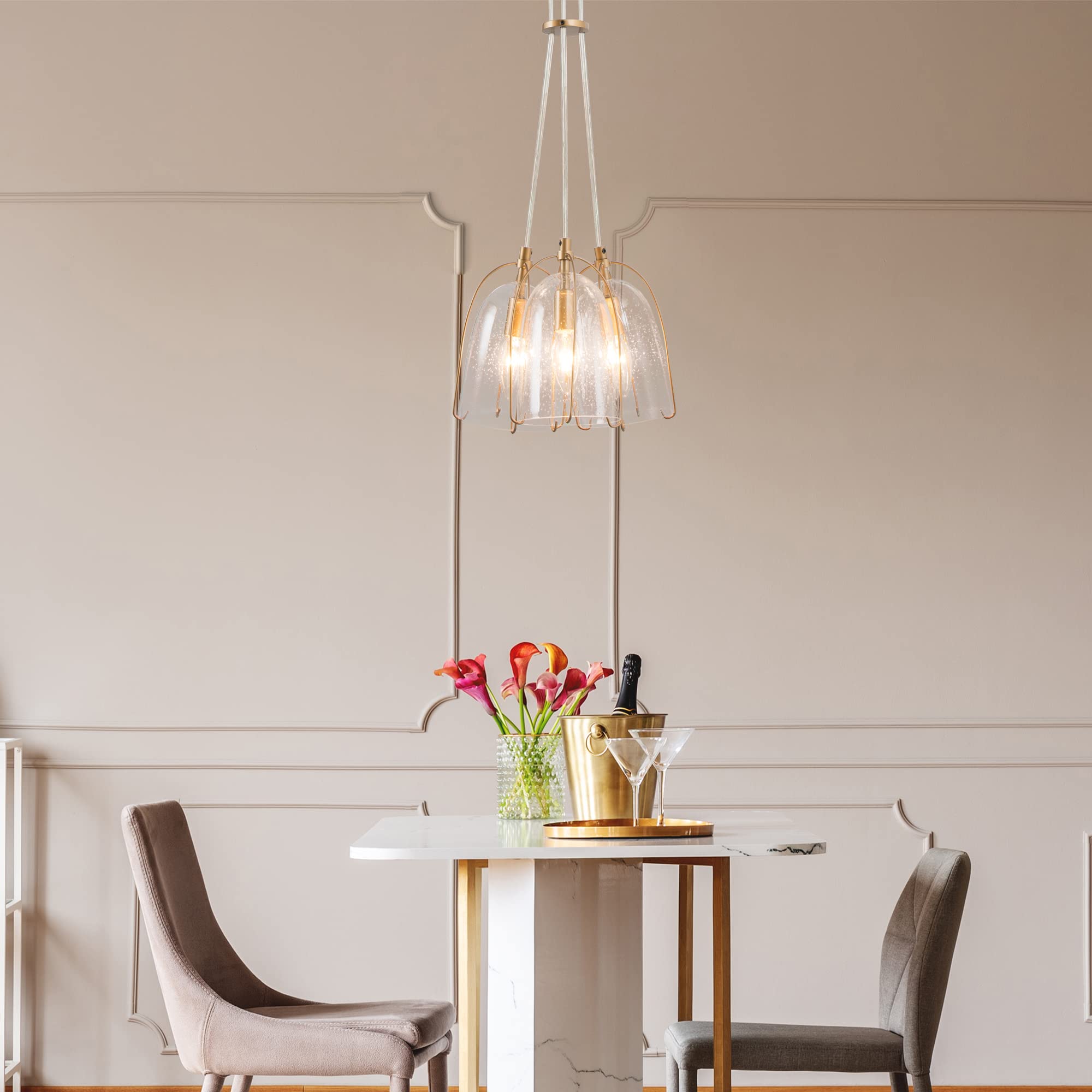 Modern Gold Chandelier - 3-Light Pendant Lighting Fixture with Seeded Glass Shades for Dining Room, Kitchen Island, Bedroom & Living Room | Elegant Ceiling Hanging Light for Home Decor & Interior Design