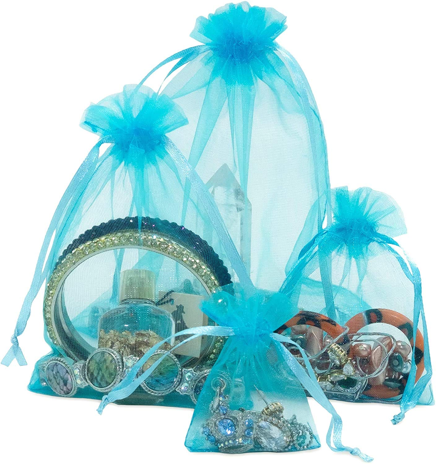 100-Pack Turquoise Blue Sheer Organza Gift Bags with Drawstring - 2