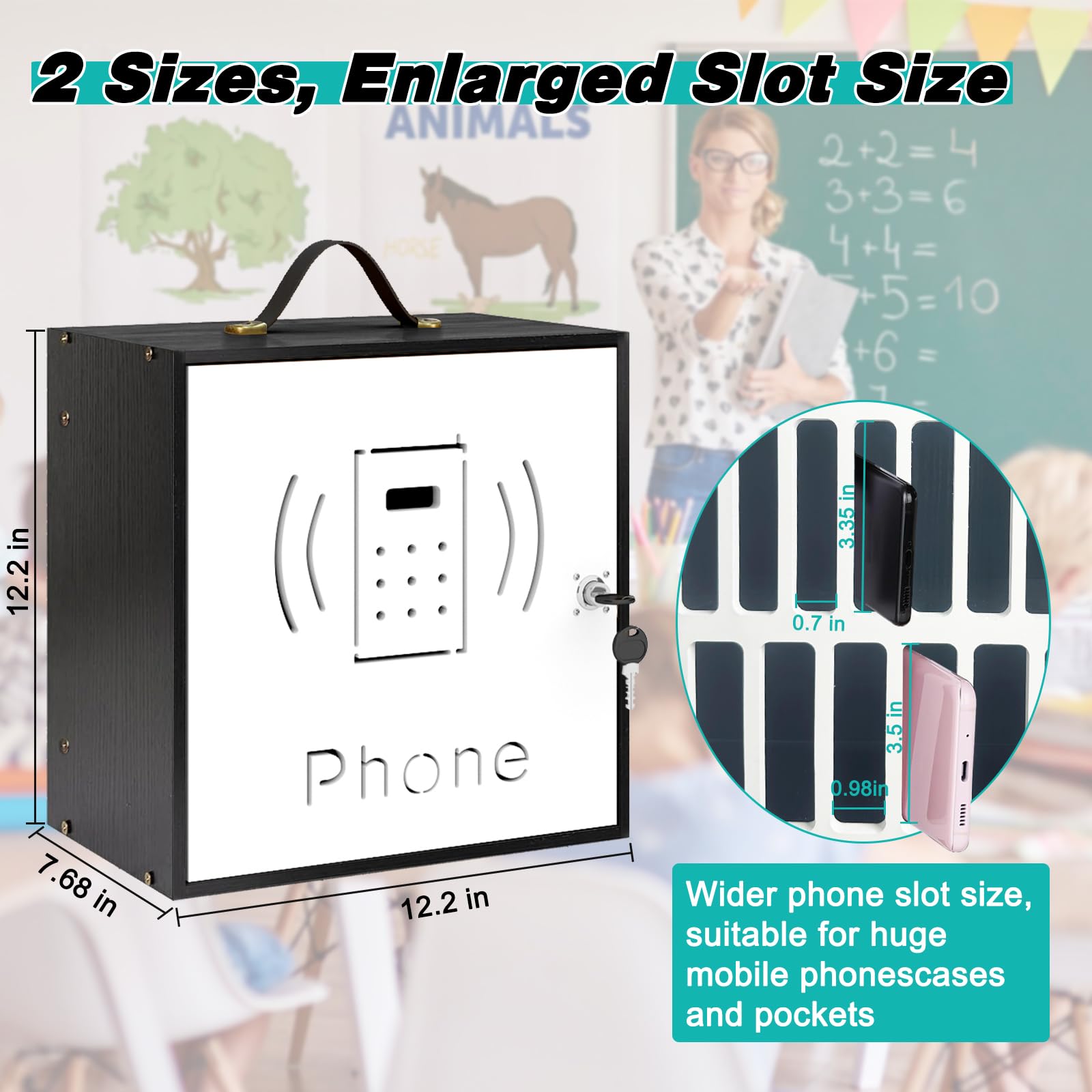 HZE 31-Slot Wooden Cell Phone Holder with Handle & Security Lock - Desktop Phone Storage Cabinet for Classroom, Office, Home - Organize Phones in Meetings, Lectures & Workspaces (Black)