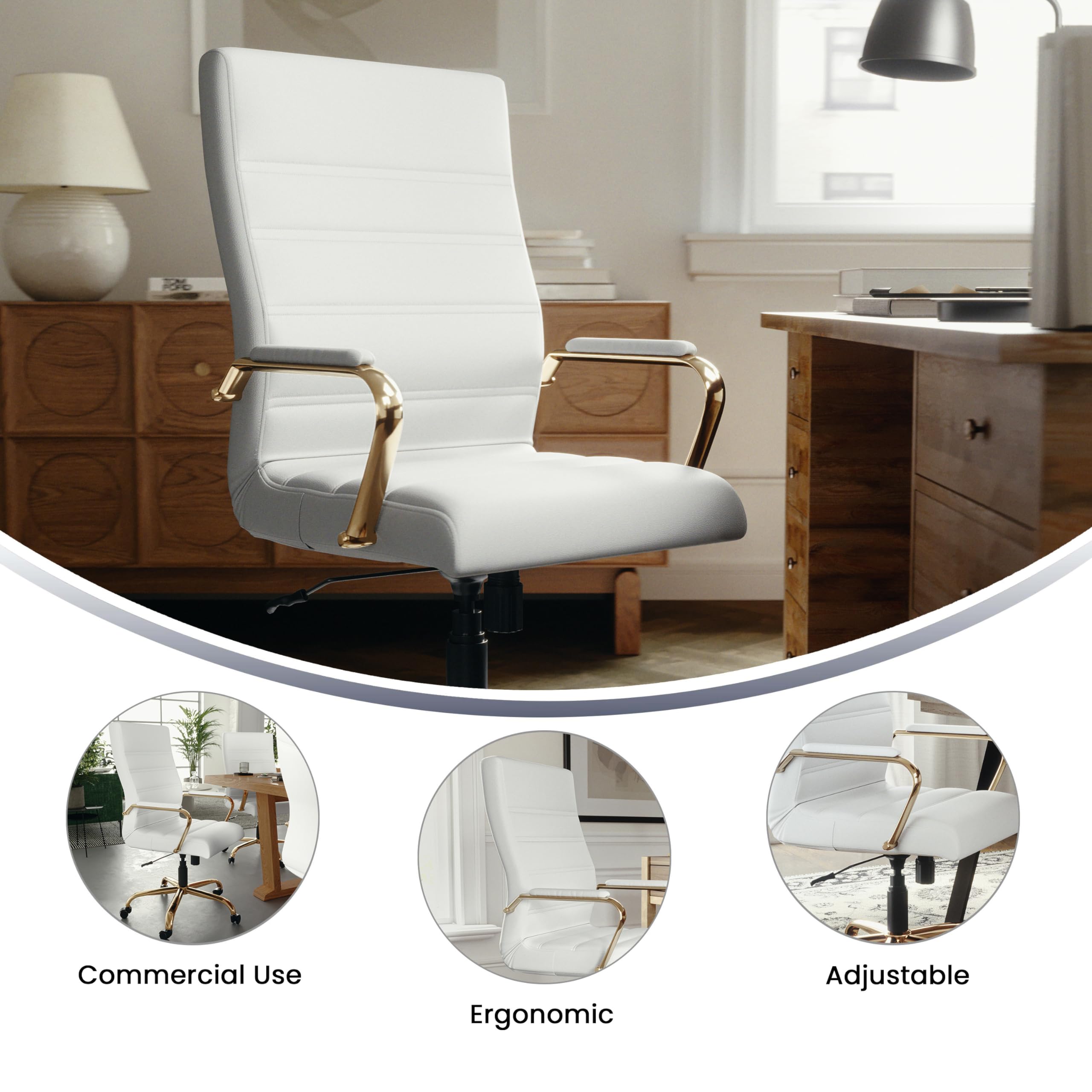 Premium White LeatherSoft High Back Executive Office Chair with Gold Frame - Ergonomic Swivel Desk Chair with Adjustable Arms - Perfect for Home Office, Conference Rooms & Executive Suites
