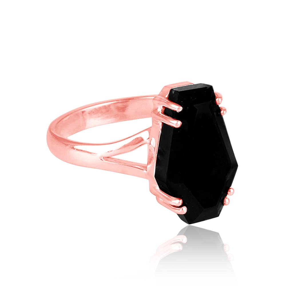 Black Onyx Gemstone Ring - Coffin Design Statement Ring in Solid 925 Sterling Silver | Evil Eye Protection Jewelry | Stackable Silver Ring for Women (Rose Gold Plated, Size 4.5) | Perfect for Gothic Fashion, Witchy Aesthetic & Everyday Wear