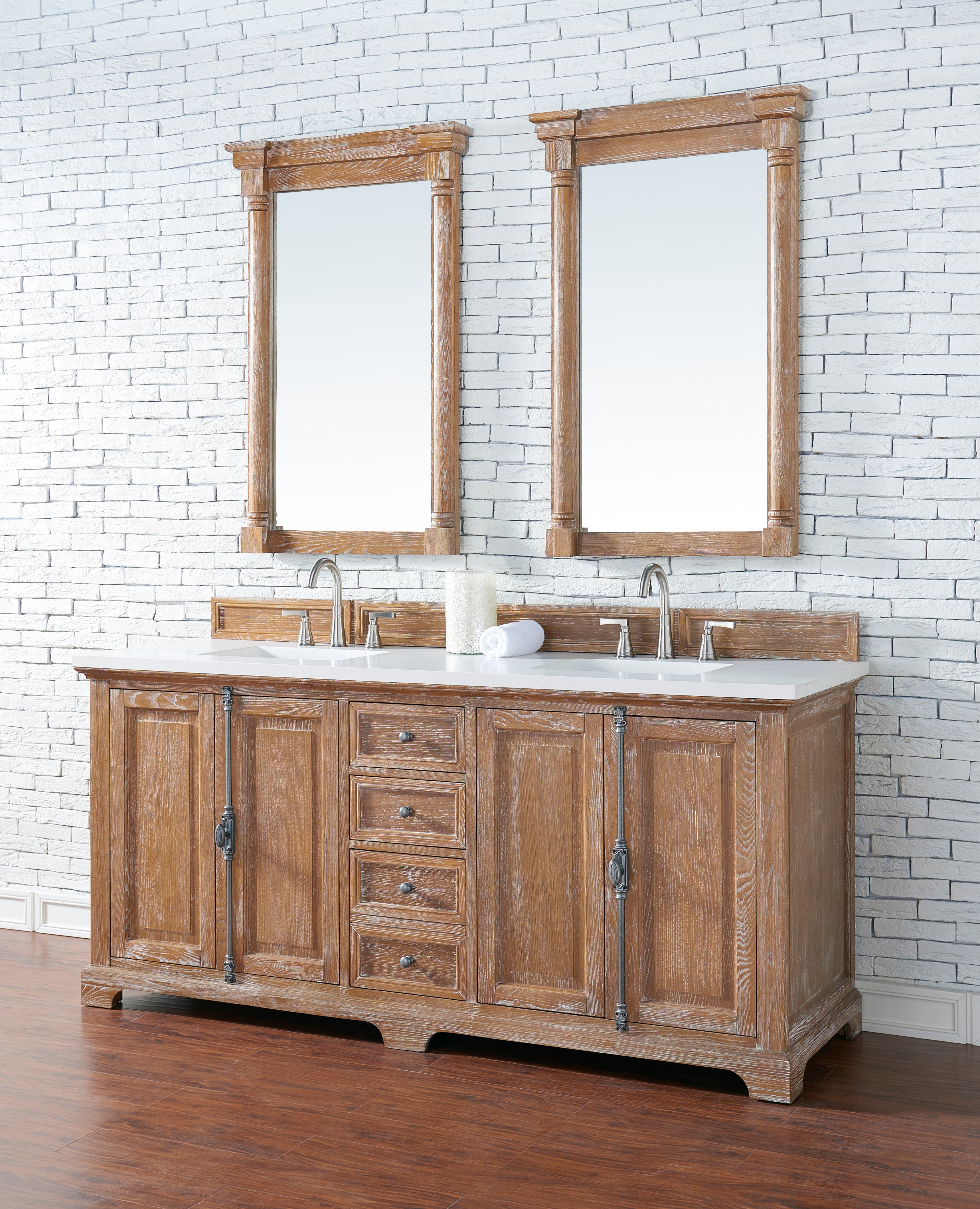 Providence 72-Inch Double Vanity Bathroom Cabinet in Driftwood Finish with 3CM White Zeus Quartz Countertop - Perfect for Master Bathroom Renovation and Luxury Home Upgrade