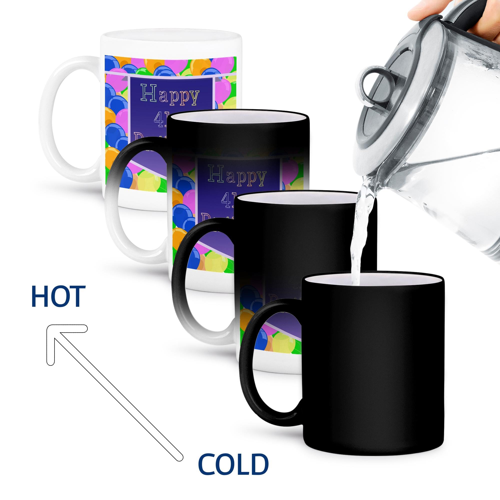 3dRose Happy 41st Birthday Balloons with Purple Banner Transforming Black & White Ceramic Mug - 11 oz Coffee Cup for Birthday Gifts, Office Use & Home Decor