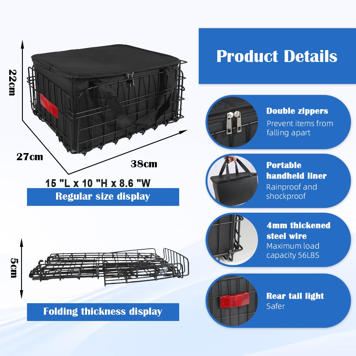 Foldable Rear Bike Basket with Removable Waterproof Liner - Quick Release Cargo Rack for Bicycles - Perfect for Carrying Pets, Groceries & Essentials - Ideal for Commuting, Shopping & Outdoor Adventures