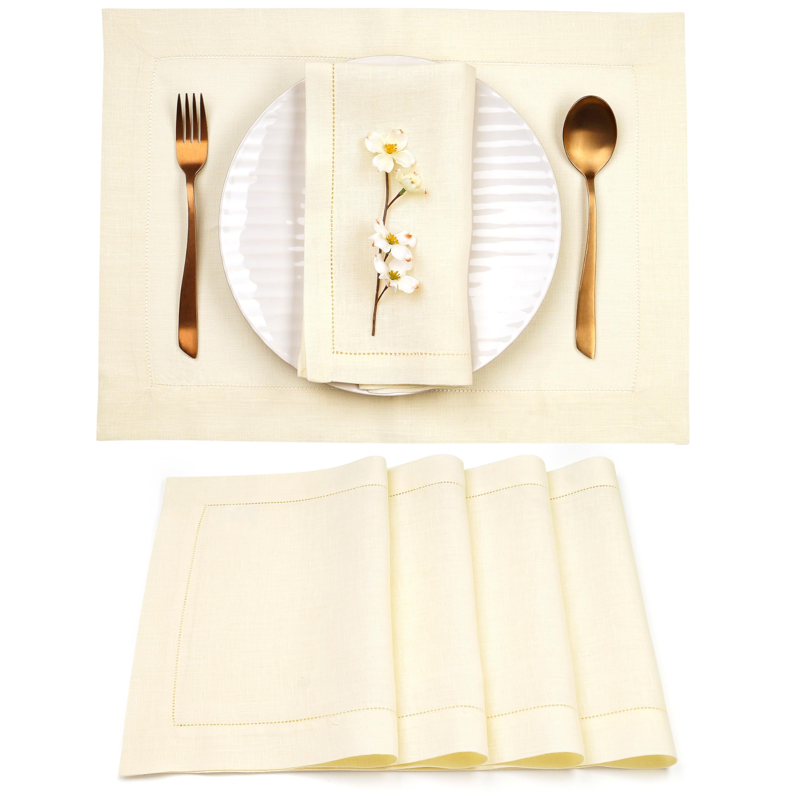 D'Moksha Homes 100% Pure Linen Placemats Set of 4 - 14x19 Inch Cream Table Mats with Classic Hemstitch Design, Washable & Durable for Dining Table Decor - Perfect for Easter, Thanksgiving, and Everyday Family Meals