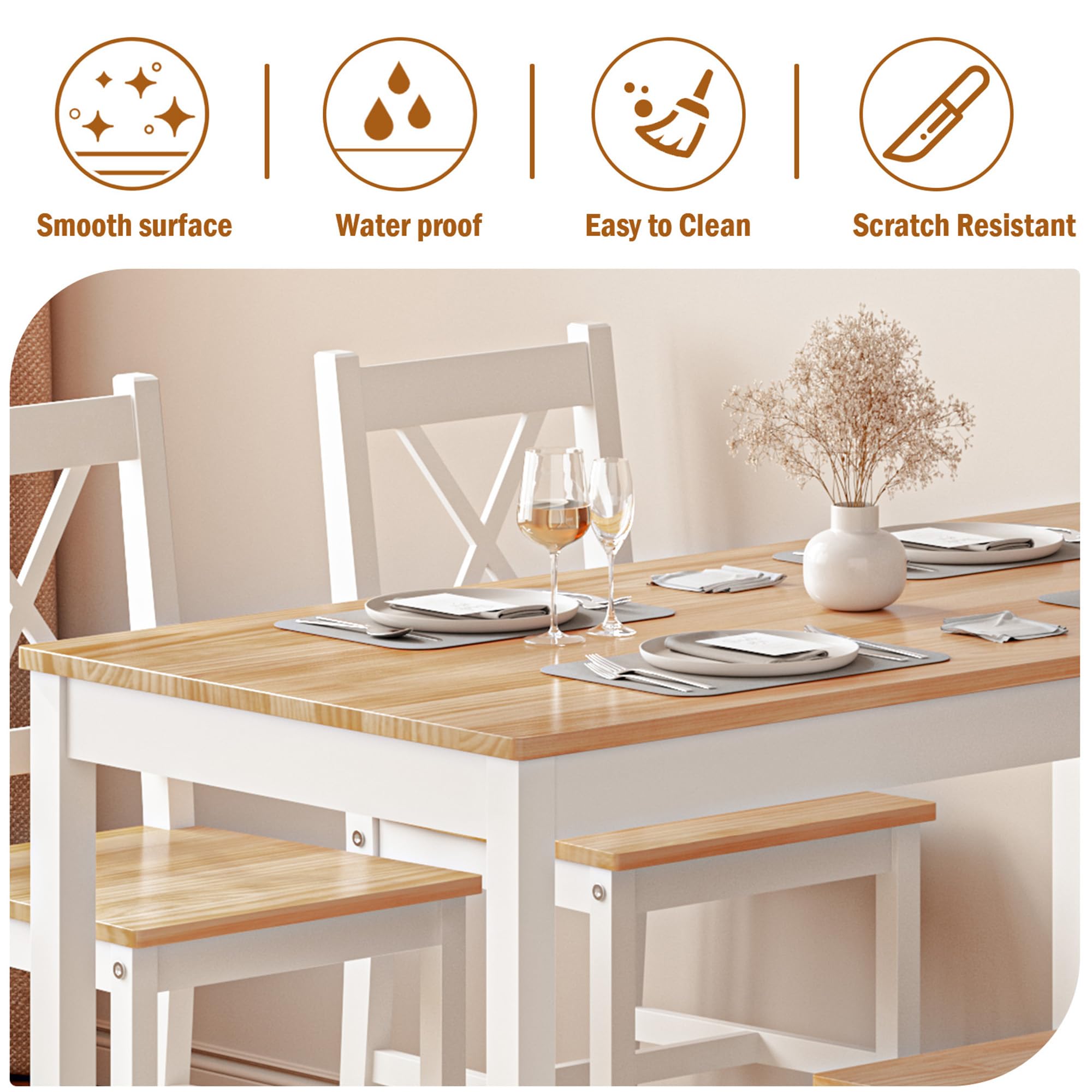 Soges 5-Piece White & Oak Dining Table Set - 47.2 Inch Pine Wood Rectangular Kitchen Table with 4 Chairs - Perfect for Small Kitchens, Dining Rooms, and Breakfast Nooks