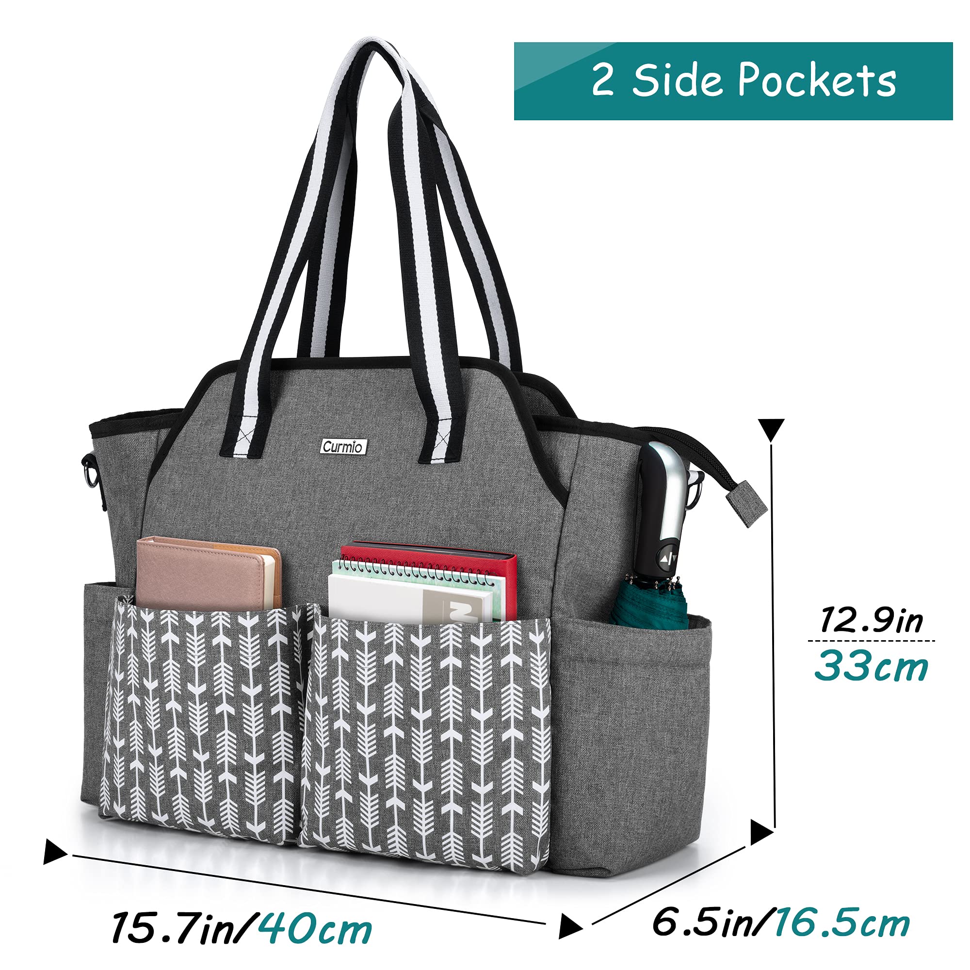 **CURMIO Women's Teacher Tote Bag with Shoulder Strap & Padded Laptop Sleeve - Portable Work Bag for Women, Perfect Teacher Gift (Gray with Arrow) - Ideal for School, Office, and Commuting**