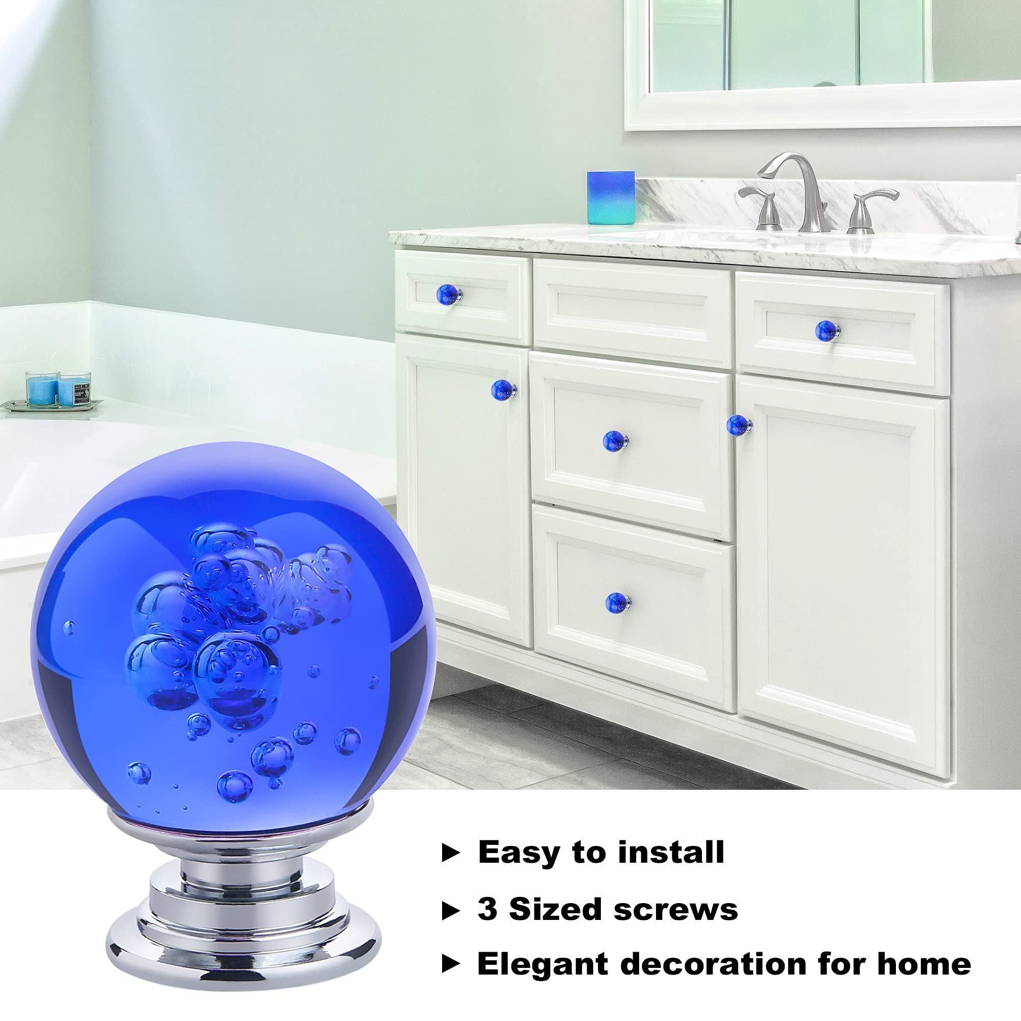 10 PCS Crystal Cabinet Knobs - Round Glass Bubbles Dresser Knobs with Smooth Surface for Drawers & Cabinets - Includes 3 Different Size Screws (30MM, Blue) - Perfect for Home Decor, Bedroom Furniture & Kitchen Cabinets