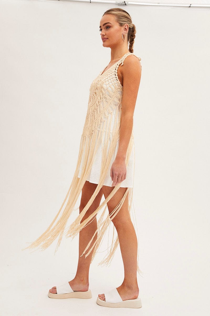 Beige Crochet Beach Cover Up Dress for Women - Lightweight Summer Pullover Swimwear Cover-Up for Pool, Beach, and Vacation