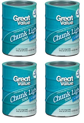 Great Value Chunk Light Tuna in Water, 5 oz Can (Pack of 4) - High Protein, Low Mercury, Healthy & Convenient for Salads, Sandwiches, and Quick Meals