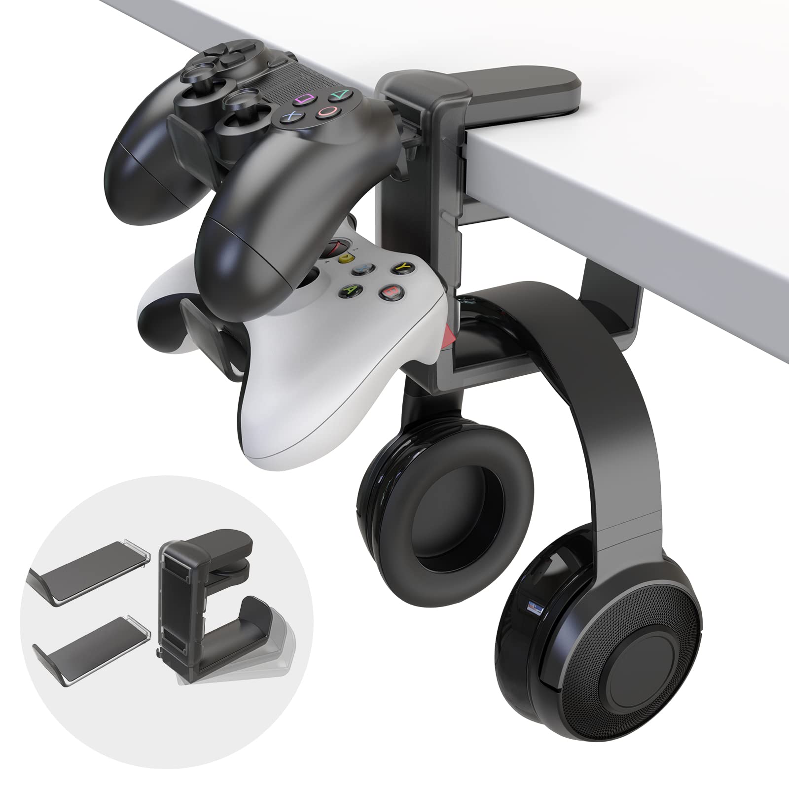 3-in-1 PC Gaming Headset & Controller Stand with Adjustable Clamp, Rotating Arm & Cable Management - Universal Gaming Accessory for PS5, Xbox, PC - Perfect for Desk Organization & Gaming Setup (Black)