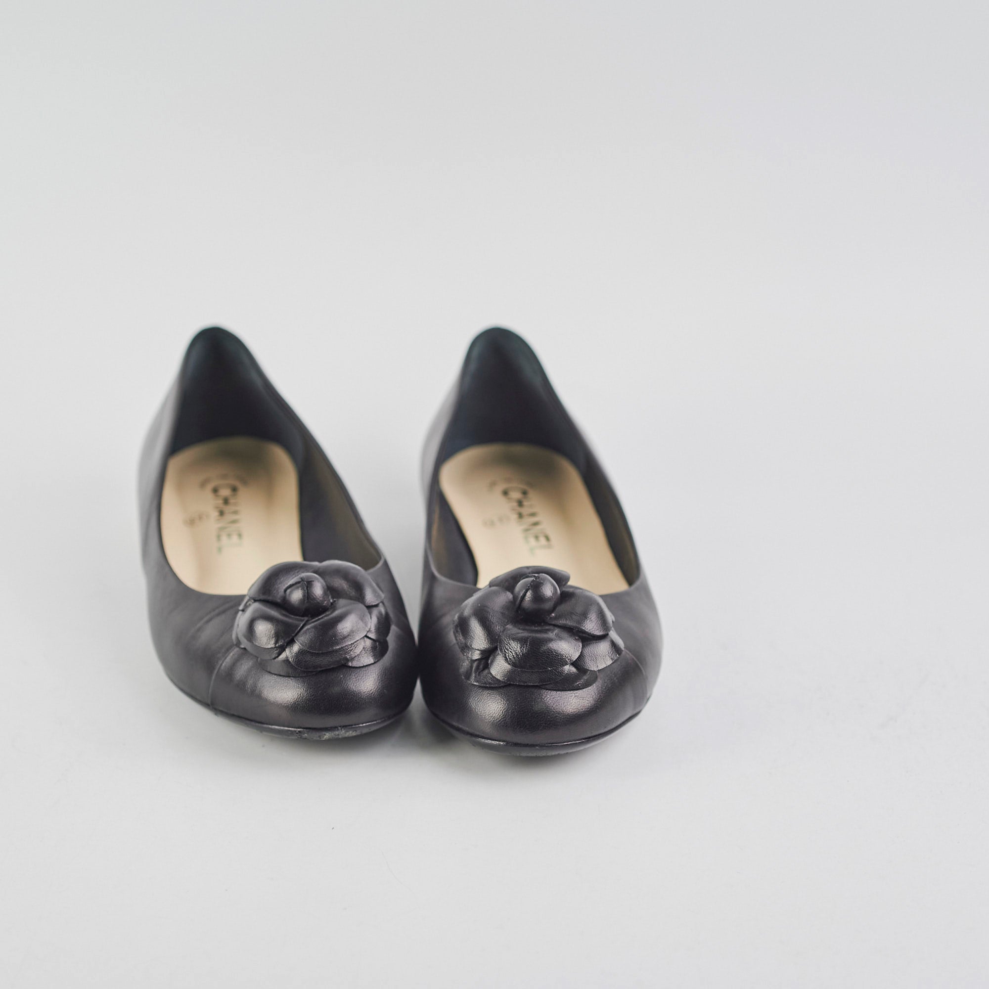 Chanel Camellia Ballet Flats for Women - Black Leather Pointed Toe Shoes Size 37.5 (US 7) - Elegant Comfort for Work, Parties & Daily Wear