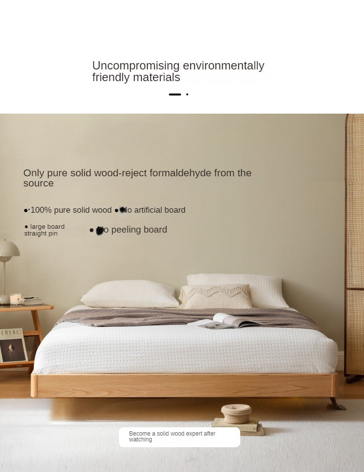 Solid Oak Wood Floating Platform Bed - No Headboard Modern Minimalist Bed Frame with LED Lights for Bedroom, Guest Room, or Studio Apartment