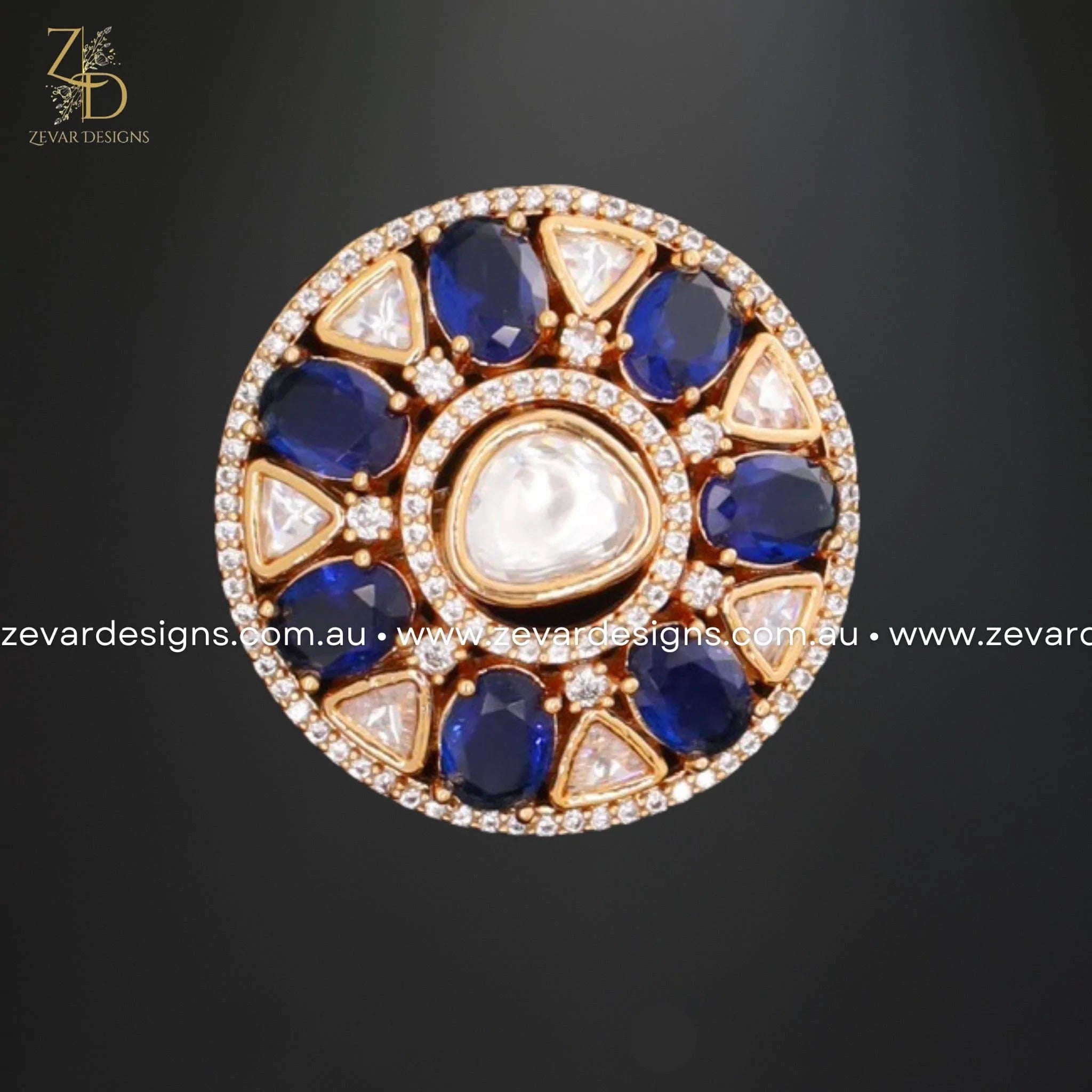 Exquisite AD and Kundan Polki Ring in Royal Blue - Elegant Indian Jewelry for Weddings, Parties & Special Occasions