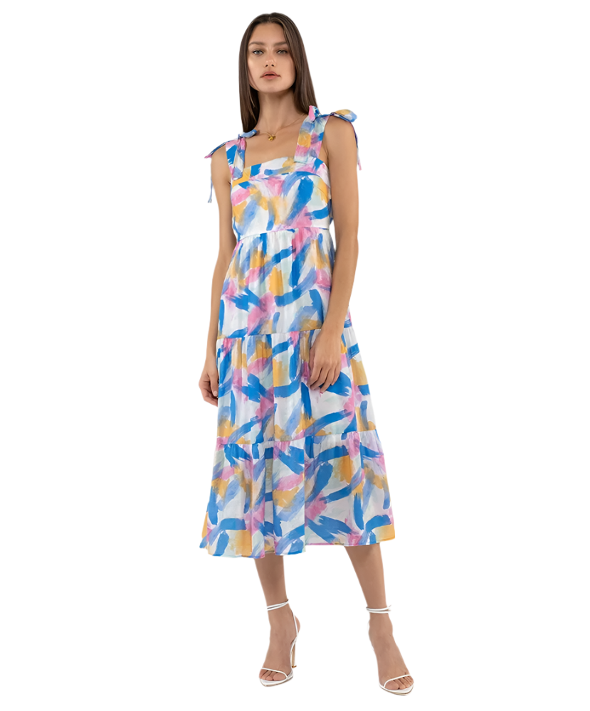 Annie Abstract Print Tiered Midi Dress - Flowy Bohemian Summer Dress for Women | Perfect for Beach Vacations, Date Nights & Casual Outings