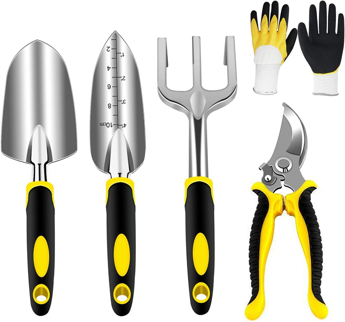 Premium Stainless Steel Garden Tool Set - 5PCS (Pruning Shears, Hand Trowel, Transplanter, Hand Rake & Gardening Gloves) for Planting, Weeding & Landscaping - Durable Outdoor Gardening Essentials for Home Gardeners