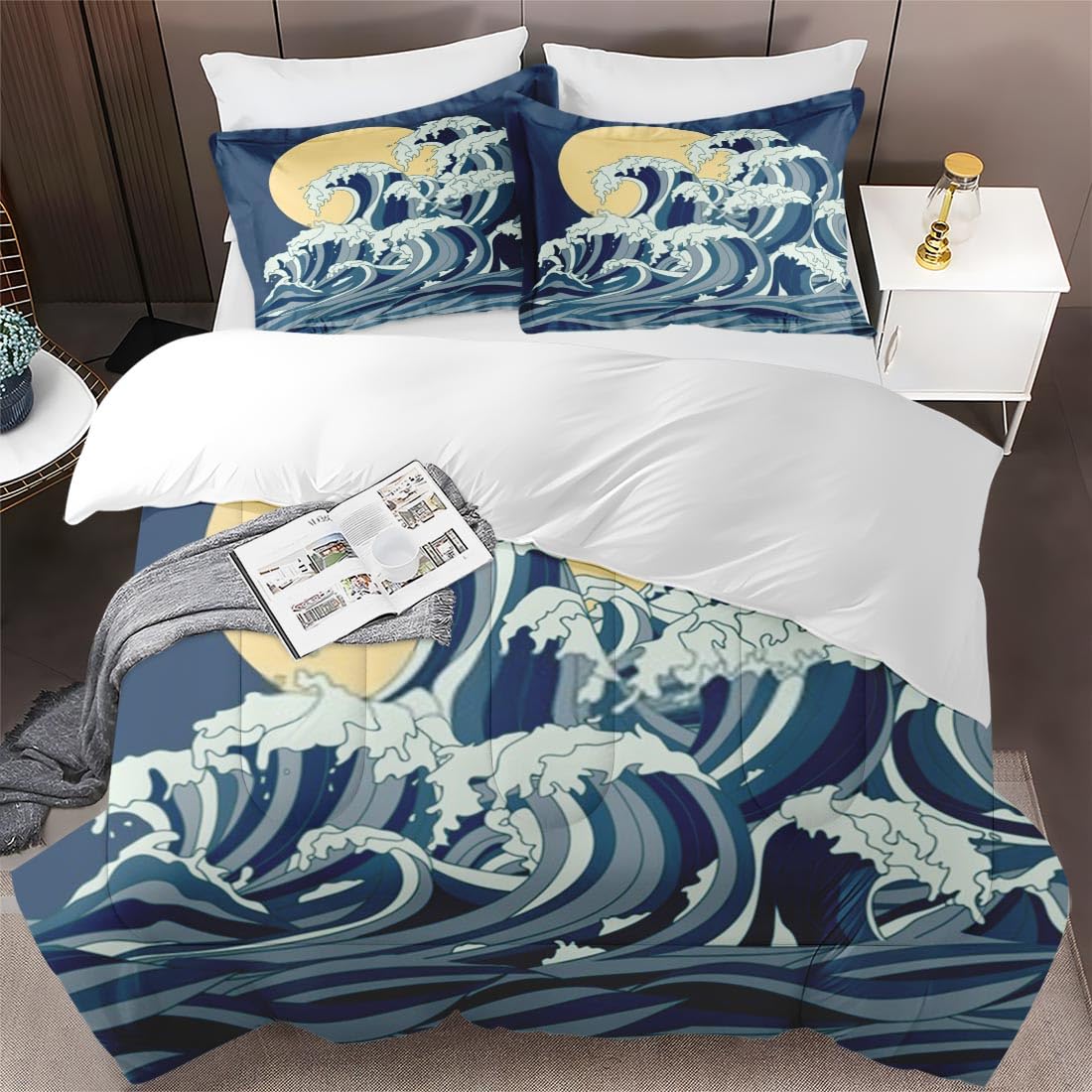 Japanese Ocean Themed King Size Comforter Set - Soft Asian Bedding for Kids & Adults with 2 Pillowcases | Moon & Sun Blue Bedroom Decor for Cozy Sleep & Stylish Home