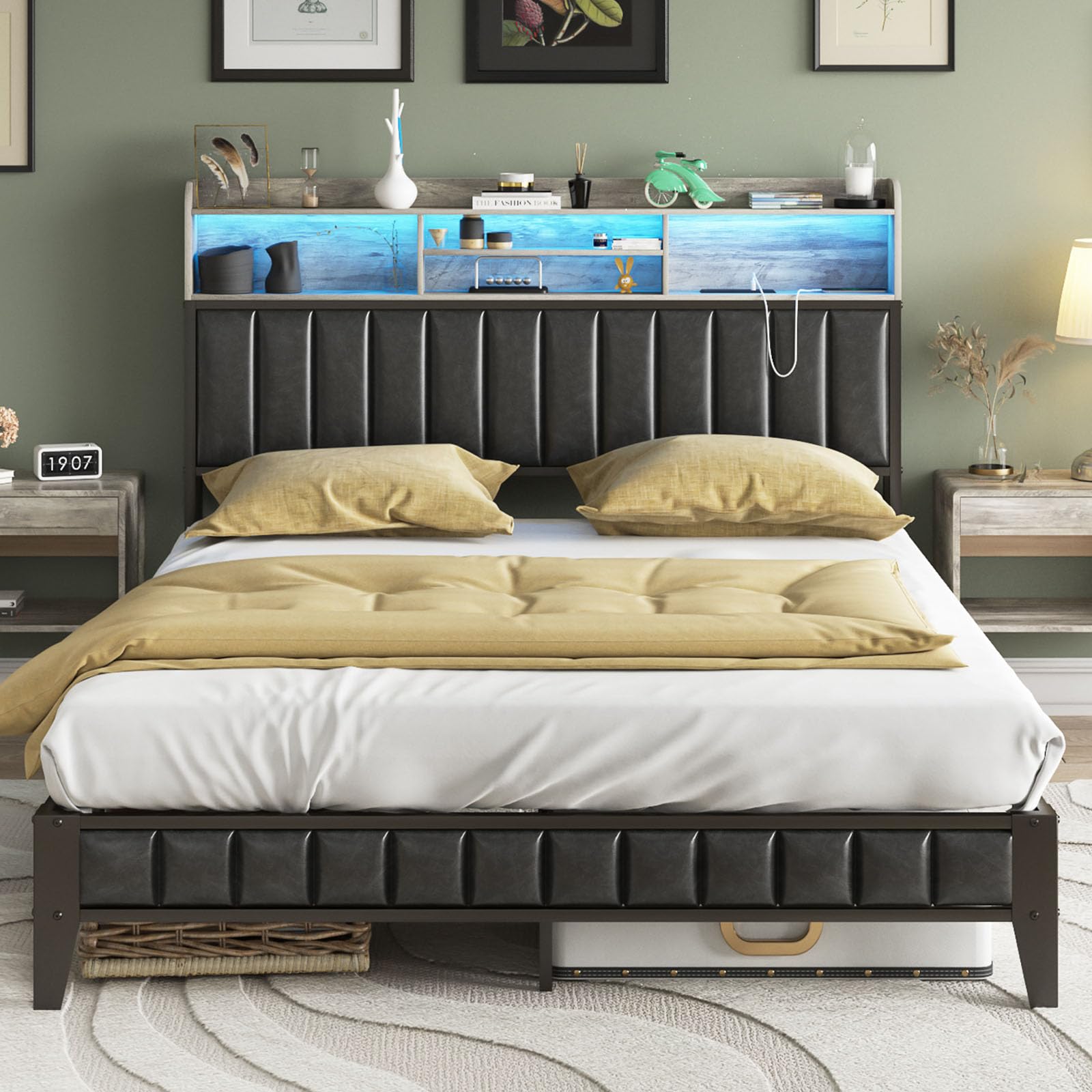 LED Queen Bed Frame with USB Charging Station & Storage | Metal Platform Bed with Upholstered Leather Headboard & Bookcase | Noise-Free Bedroom Furniture in Wash Grey | Perfect for Modern Homes & Small Spaces