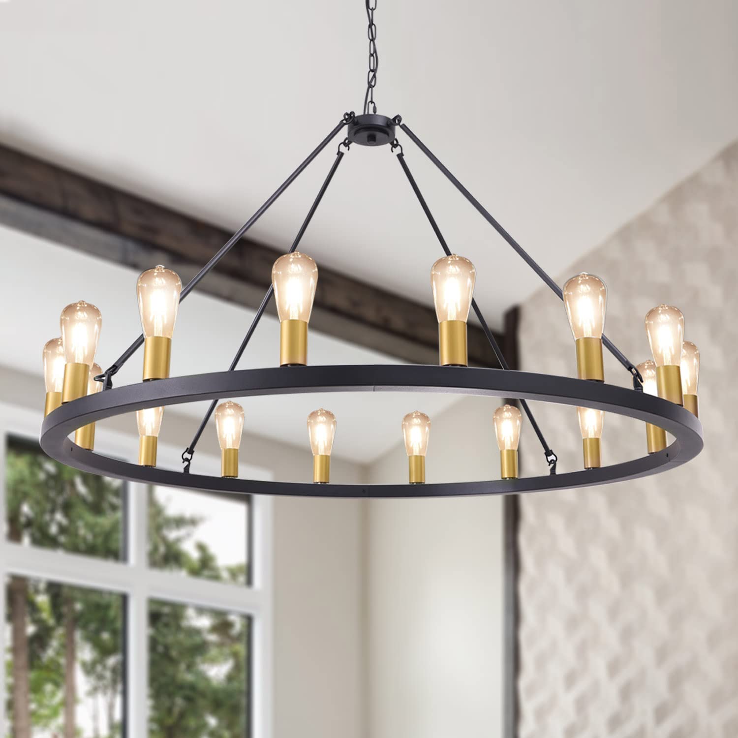 Wellmet 47-inch Black Gold Wagon Wheel Chandelier - 16-Light Modern Farmhouse Pendant Light Fixture, Rustic Industrial Country Style Ceiling Lighting for Dining Room, Living Room, Foyer, Kitchen Island & Bedroom