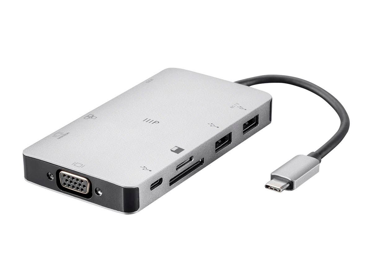 Monoprice USB-C Travel Dock - 6-in-1 Multiport Adapter with HDMI, VGA, Gigabit Ethernet, 2x USB 3.0 Ports, SD/MicroSD Card Reader & 100W PD Charging (Silver) - Perfect for Business Travel, Home Office & MacBook Pro/Air Connectivity