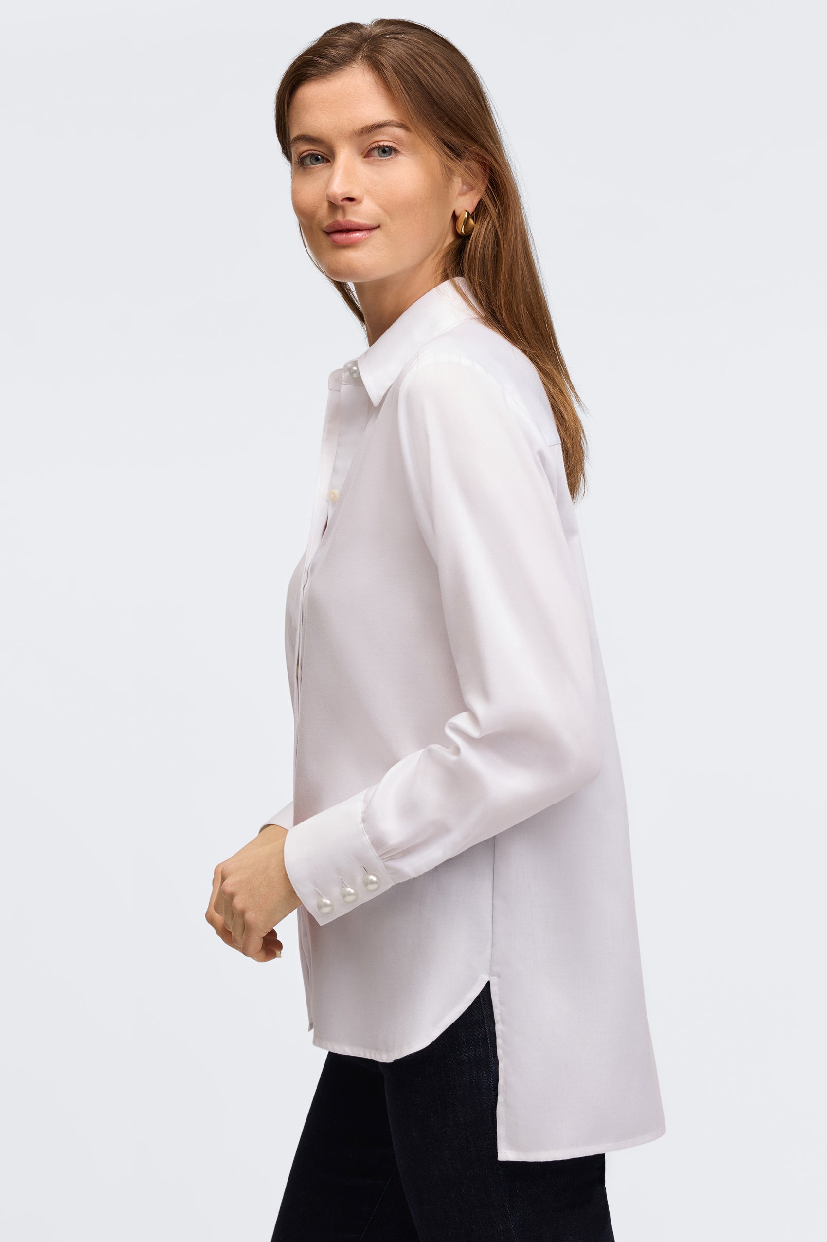 Premium Pearl No Iron Stretch Matte Sateen Long Sleeve Shirt for Women - Wrinkle-Free Office Wear & Business Casual Attire