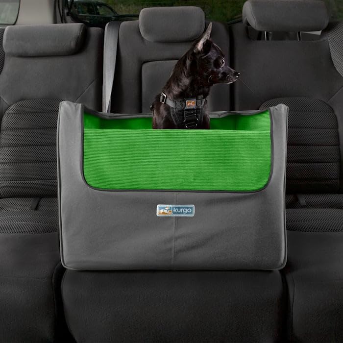 Kurgo Skybox Rear Booster Seat for Dogs & Cats - Pet Car Seat Carrier for Small Pets Up to 30 lbs - Helps Prevent Dog Car Sickness - Includes Safety Seatbelt Tether (Grass Green/Charcoal) - Perfect for Road Trips & Vet Visits