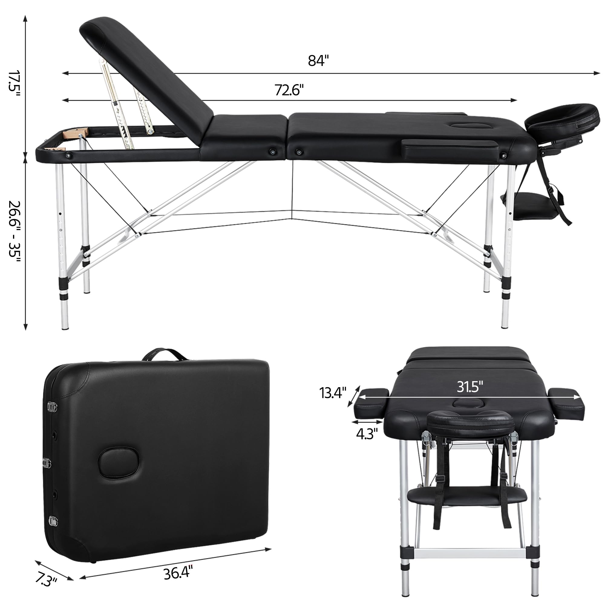 Yaheetech 3-Section Adjustable Aluminum Alloy Massage Table with Black Salon Tray - Portable Spa Bed, Height Adjustable Beauty Treatment Table & Mobile Storage Tray for Professional Massage, Facial, Waxing & Salon Services
