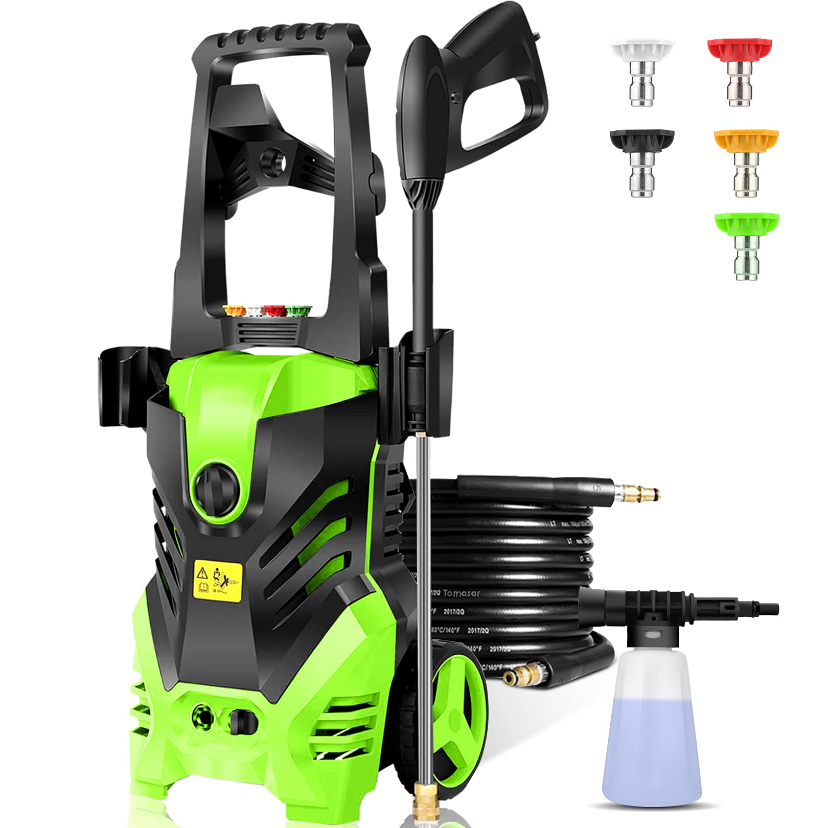 Homdox 1600W Electric Pressure Washer - High Power Pressure Cleaner Machine with 5 Nozzles & Foam Cannon for Home, Car, Driveway, Patio Cleaning (Green) | Perfect for Outdoor Cleaning, Vehicle Washing, and Surface Maintenance