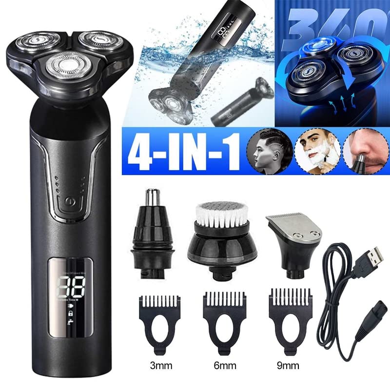 Premium Electric Razor for Men - 3D Rotary Shaver with Digital Display, 3 Blades, Interchangeable Heads & Waterproof Design - Full Body Grooming Kit for Face, Head & Body Shaving - Perfect for Travel, Home & Gym Use