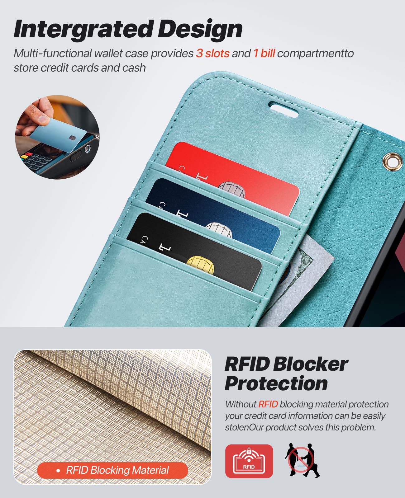 iPhone 15 Plus Wallet Case with Card Holder & RFID Blocking - Mint Green for Daily Use & Travel