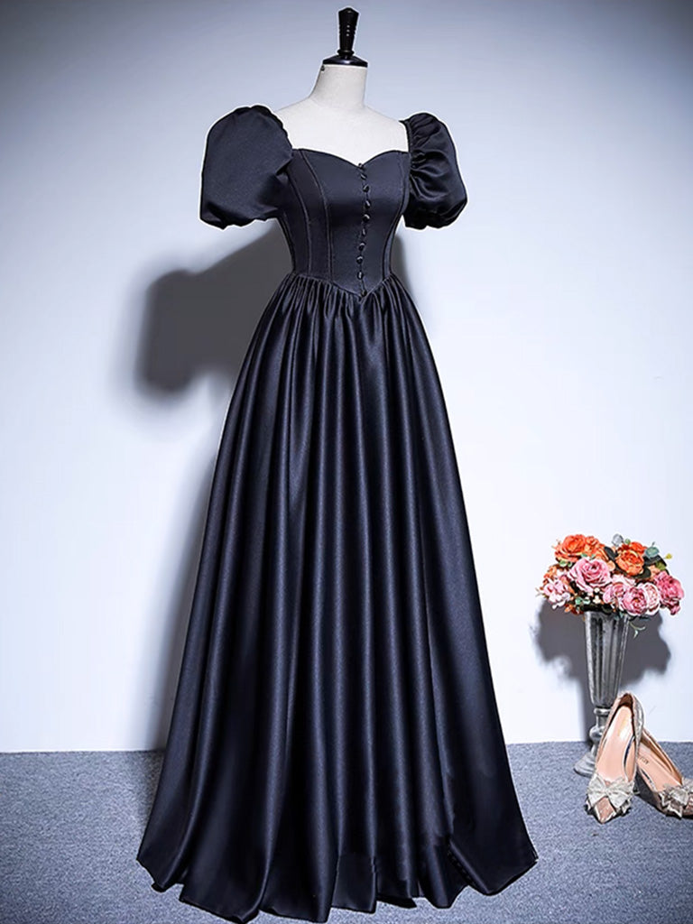 Elegant Black A-Line Satin Prom Dress with Puff Sleeves - Long Evening Gown for Formal Events, Homecoming, and Special Occasions