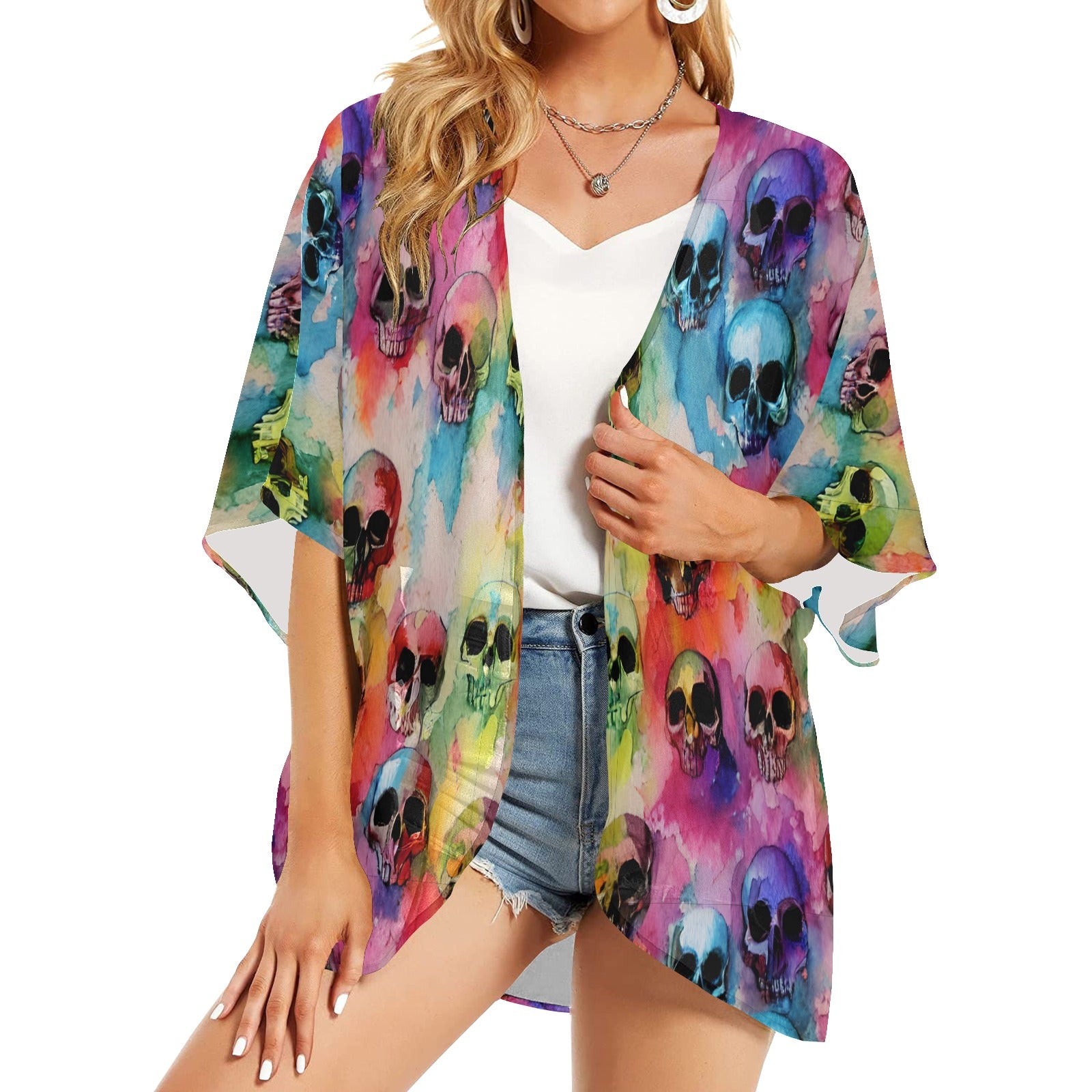 Stylish Skull Print Kimono Cover Up - Lightweight Chiffon Beach Wrap for Women - Perfect for Pool Parties, Festivals & Summer Outfits