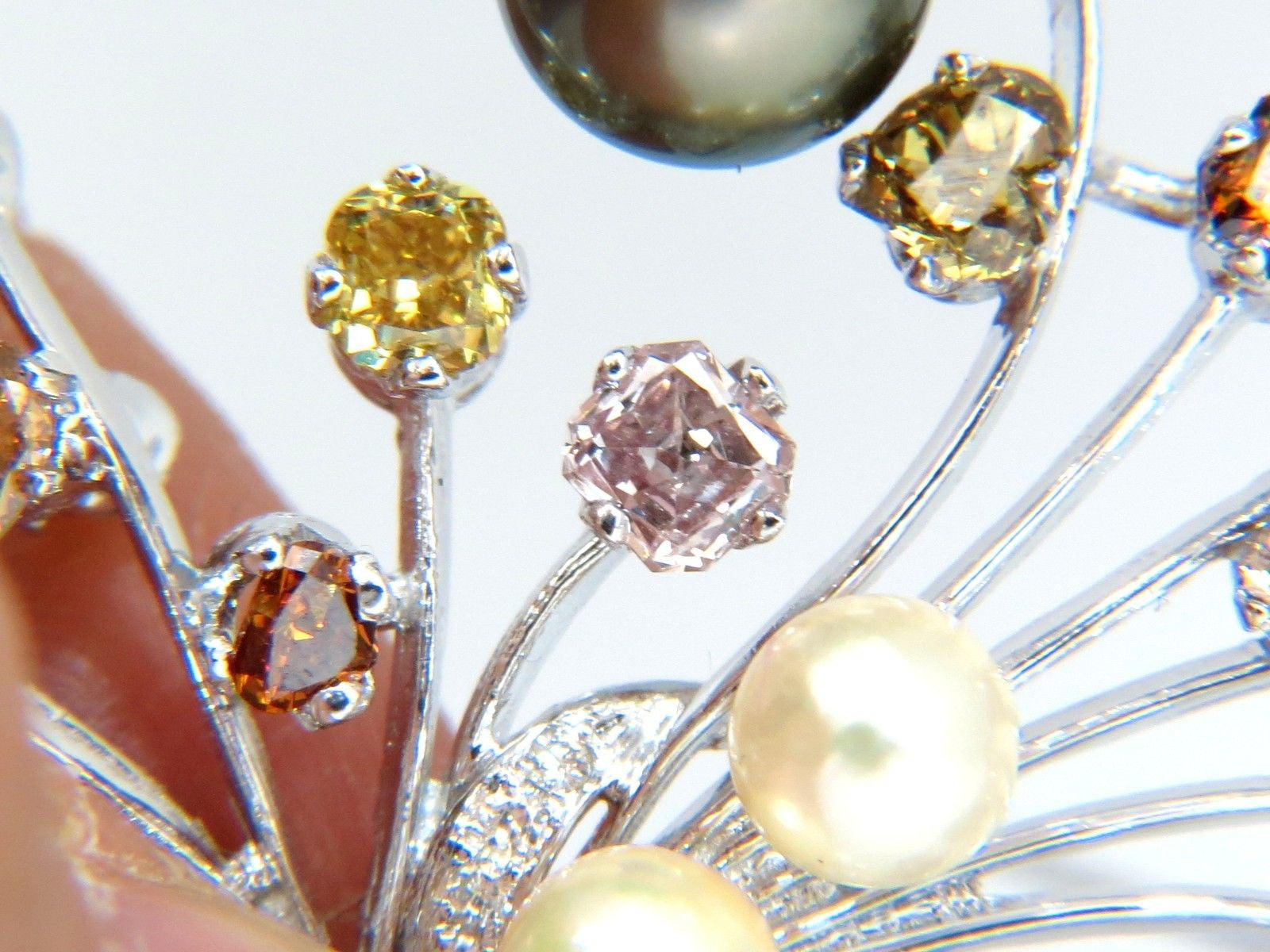 6.00ct Natural Fancy Color Yellow Orange Brown Pink Diamond Brooch with Pearl - Elegant Jewelry for Weddings, Parties & Special Occasions