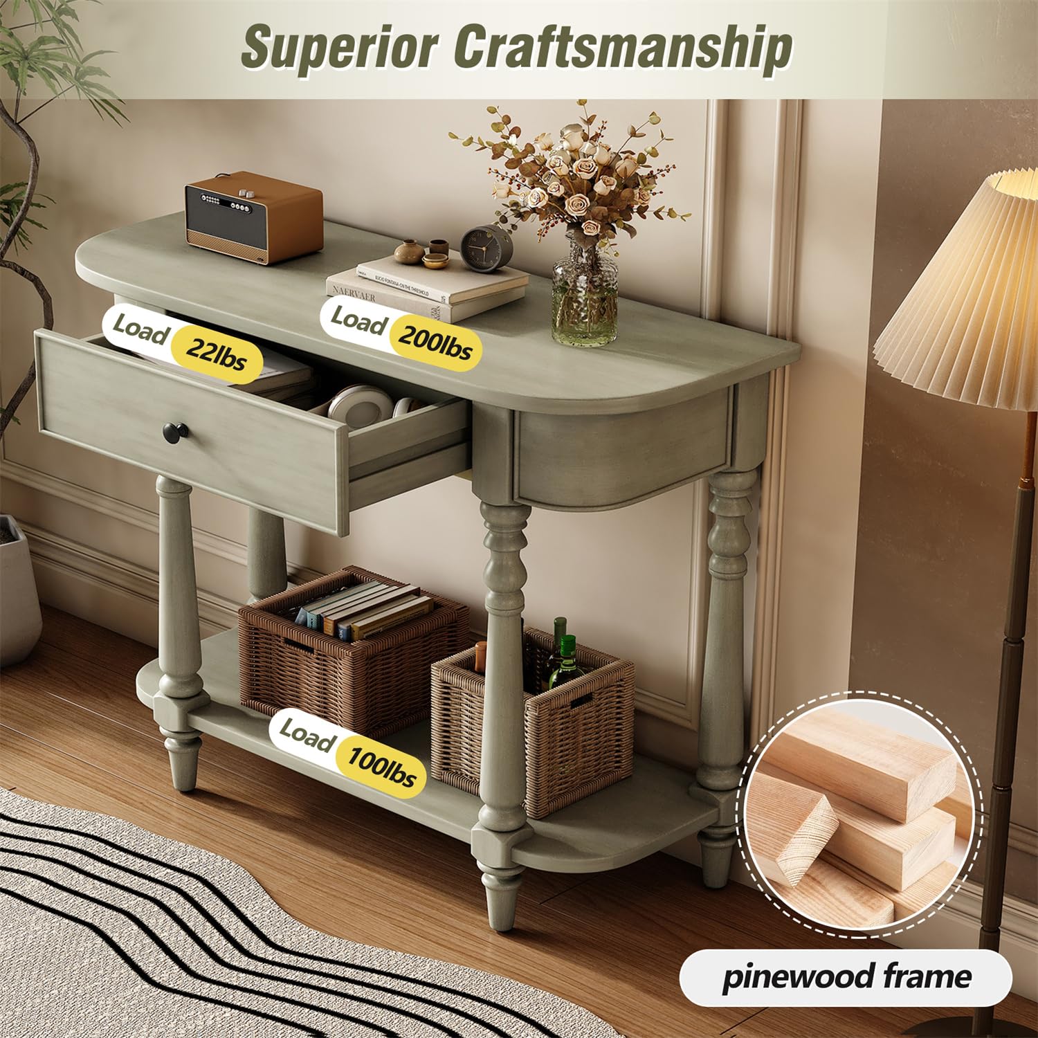 Polibi 36 Inch Retro Console Table with Drawer & Shelf - Solid Wood Sofa Table with Elegant Legs & Curved Corners - Entryway, Living Room Furniture - Grey - Perfect for Hallway Decor, Behind Couch & Small Space Organization