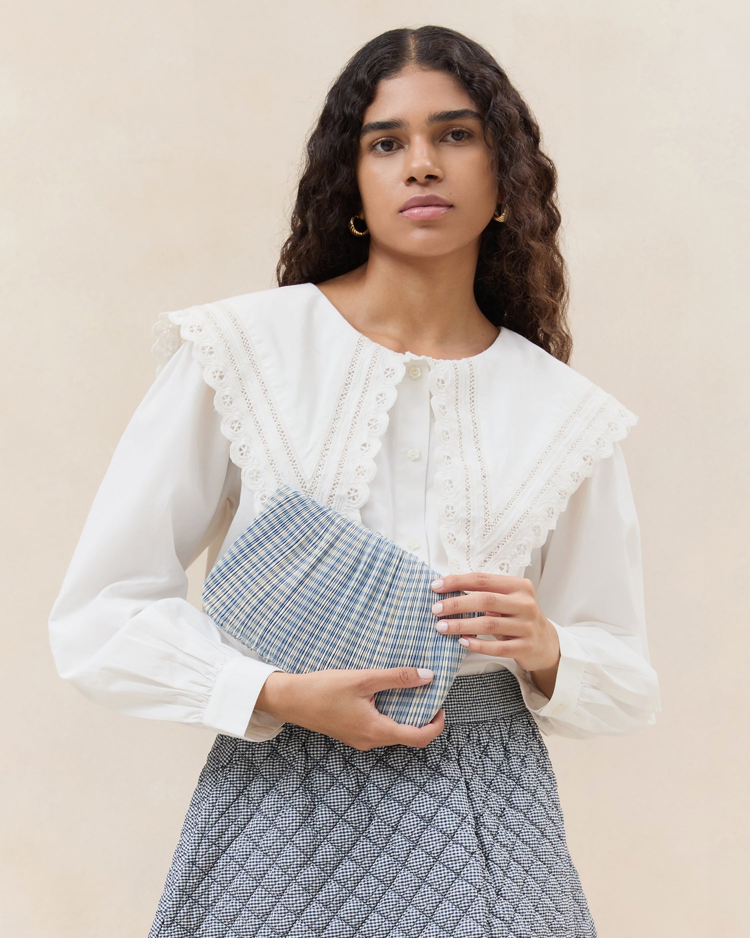 British Blue Gingham Pleated Clutch Bag for Women - Elegant Evening Purse for Parties, Weddings & Special Occasions