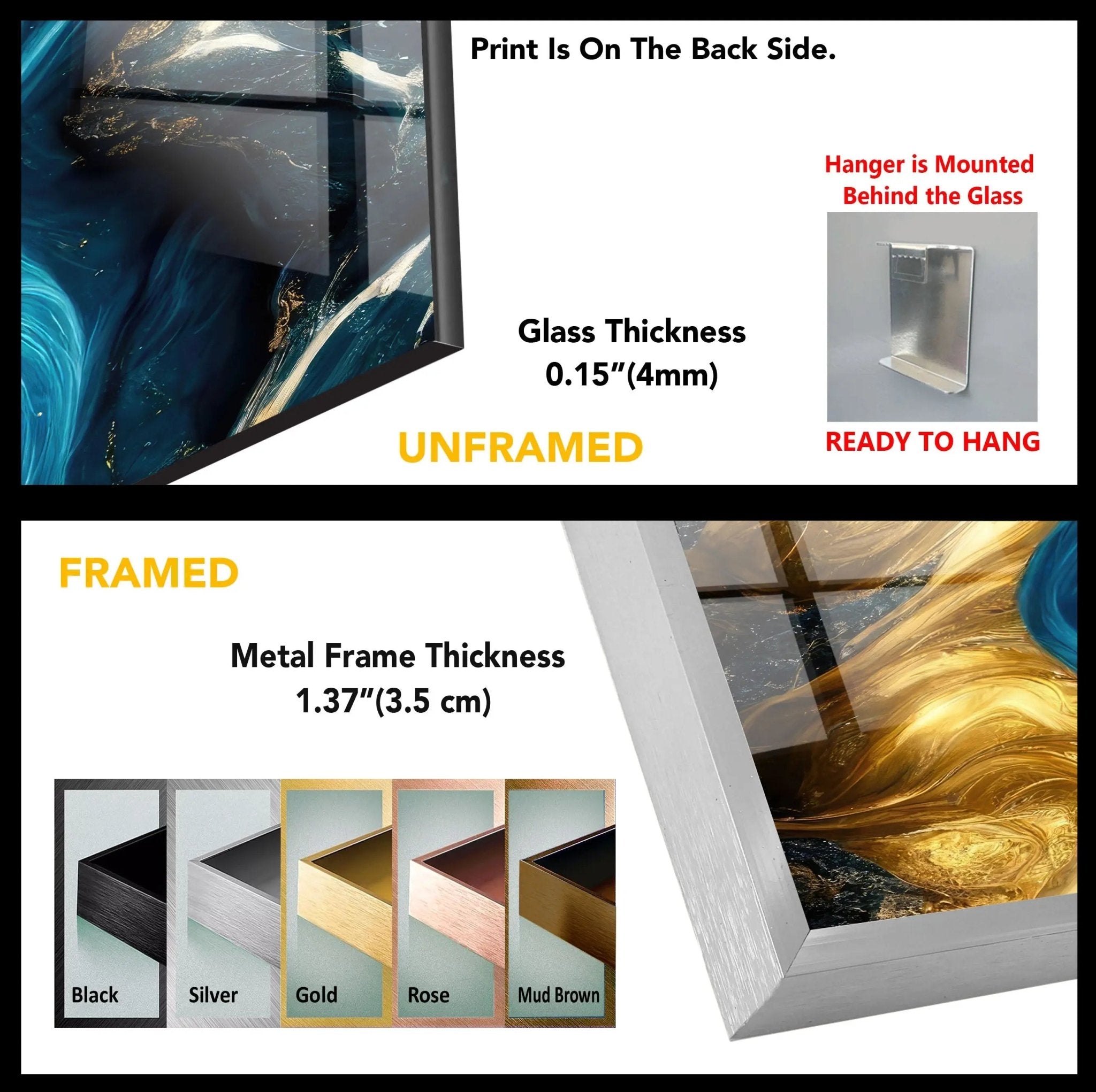 Abstract Marble Blue and Gold Glass Wall Art - Modern Home Decor for Living Room, Bedroom & Office - Elegant Handmade Glass Panel for Wall Display