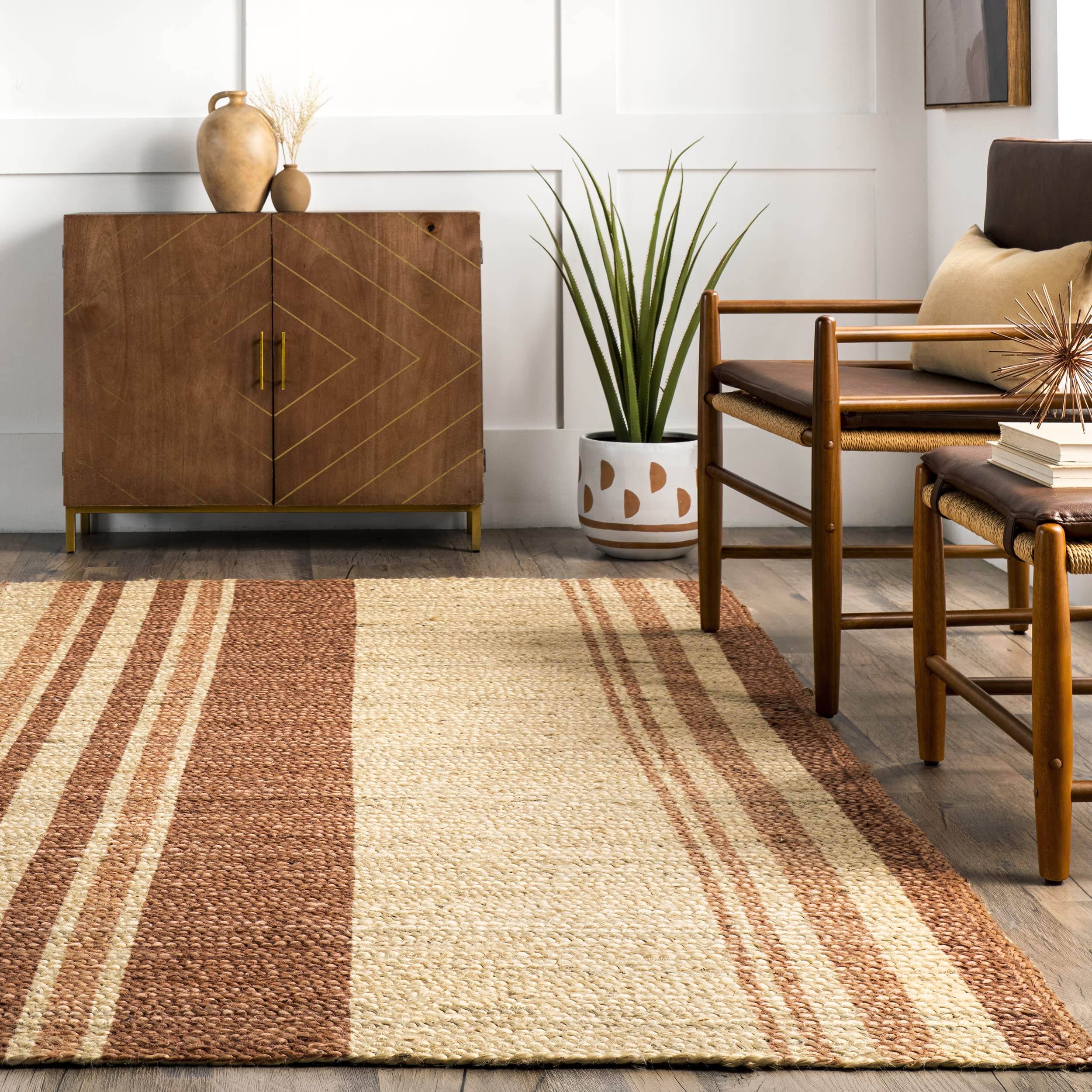 nuLOOM Rubi Braided Stripes Jute Area Rug 5x8 Feet, Natural Brown - Boho Chic Living Room, Bedroom & Home Decor Rug