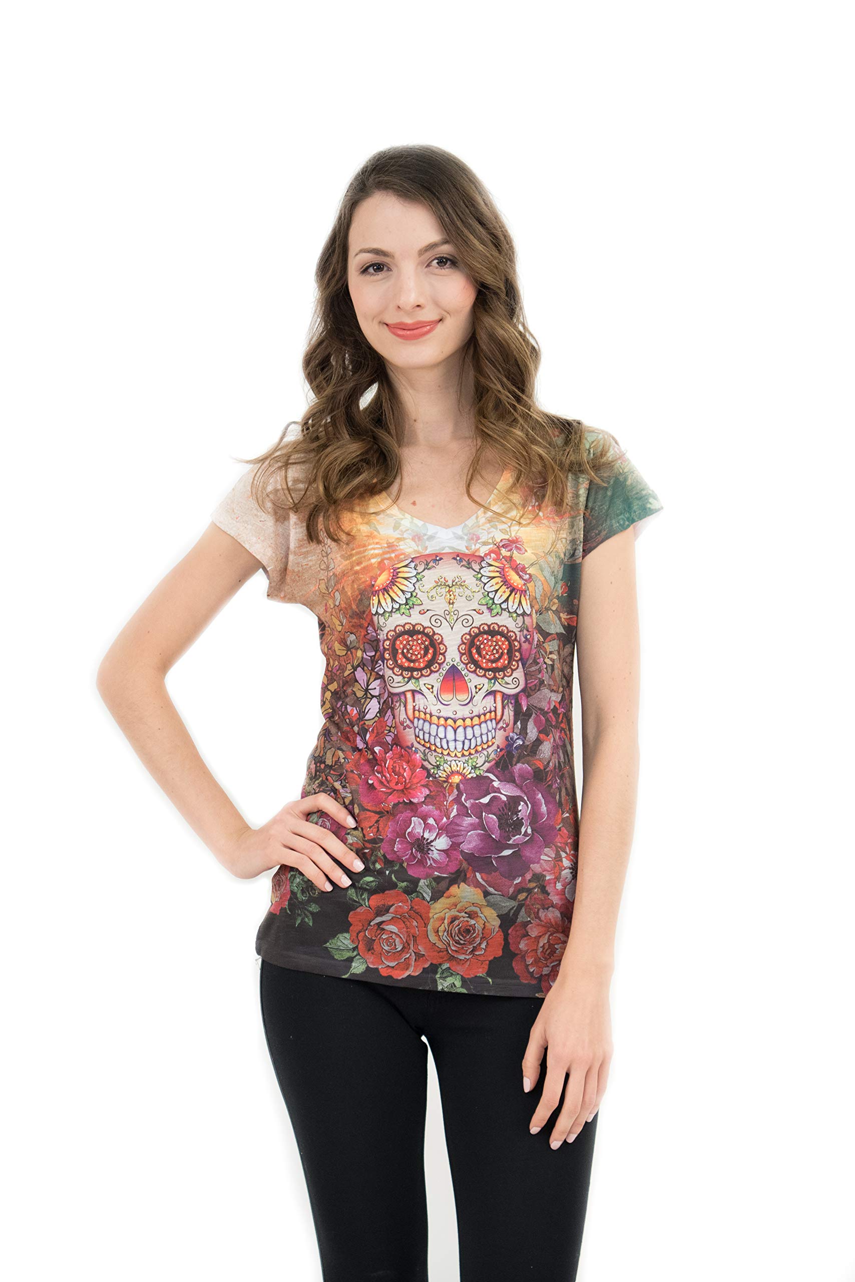 USA-Made Women's Sugar Skull V-Neck T-Shirt with Rhinestone Decorations - Gothic Fashion, Day of the Dead Celebration, Halloween Costume, Casual Wear