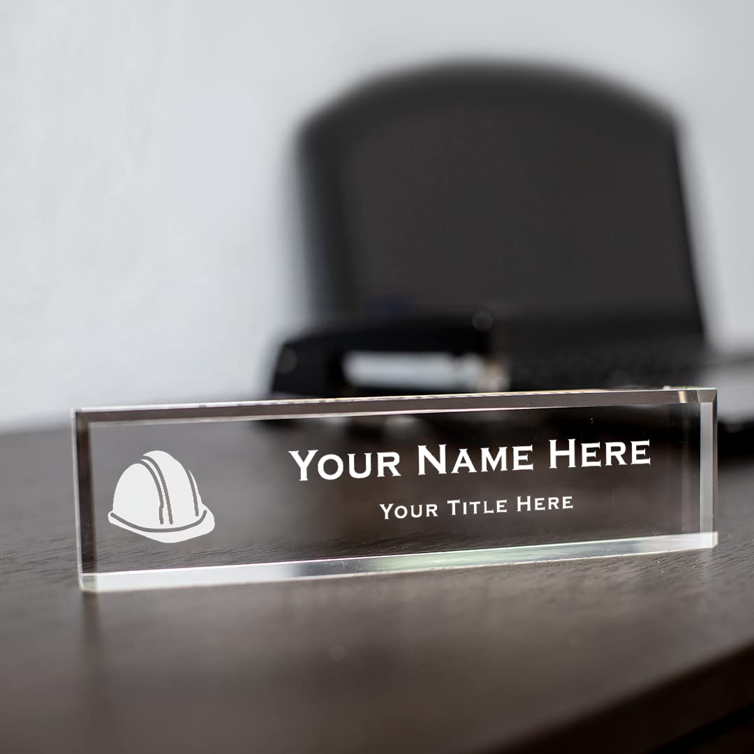 Custom Engineer Themed Acrylic Desk Sign with Hard Hat - 2x10 Inch Personalized Name Plate for Office Desk Decor, Gift for Engineers & Construction Workers