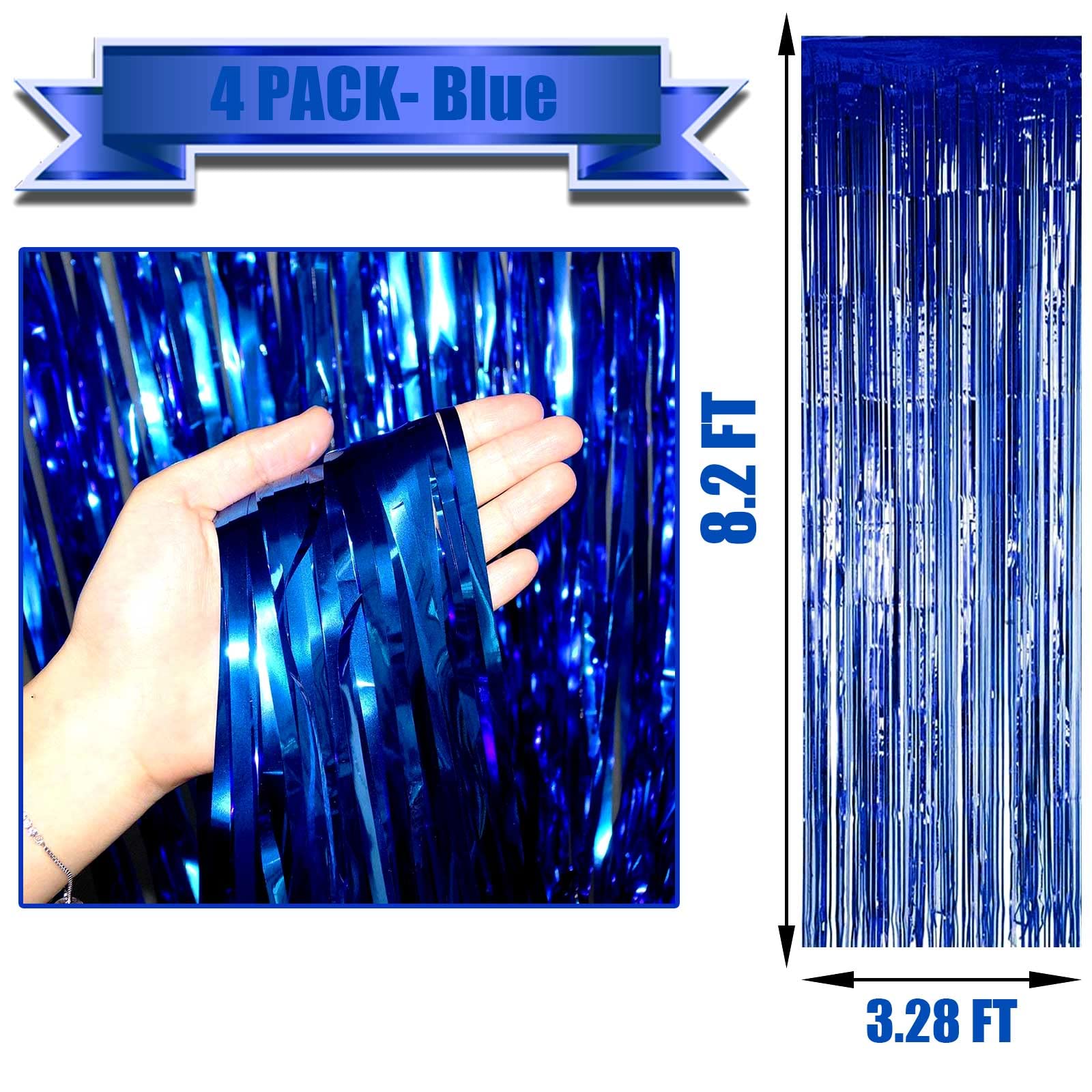 4 Pack Blue Foil Fringe Curtain Backdrop - 3.28Ft x 8.2Ft Metallic Tinsel Streamers for Under the Sea Party, Photo Booth Props, Birthday Decorations, Summer Ocean Theme Party Supplies - Perfect for Baby Showers, Gender Reveals & Mermaid Themed Events