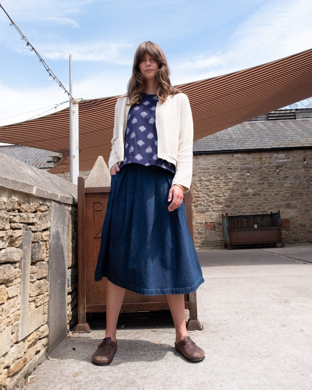 Elsie Women's Cotton Midi Skirt - Blue Denim A-Line Skirt for Casual Wear, Office & Summer Outfits | Comfortable Stretch Waist Skirt