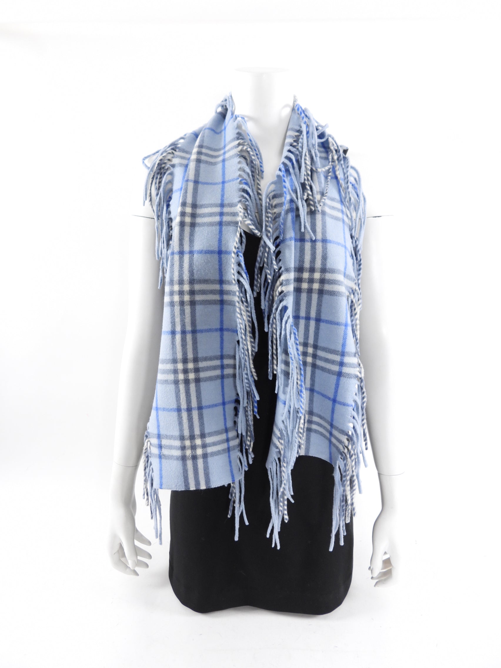 Burberry Blue Nova Check Cashmere Fringe Scarf - Luxury Winter Accessory for Women & Men - Perfect for Cold Weather, Travel & Fashion Outfits