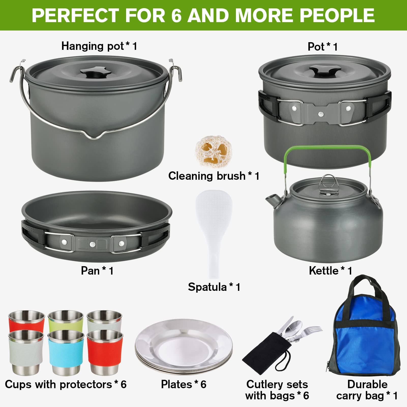 MEETSUN 37-Piece Camping Cookware Set with Hanging Pot, Pots & Pans for 6 People - Complete Outdoor Cooking Kit with Cups, Dishes, Forks, Spoons & Knives - Perfect for Camping, Hiking, Picnics and Outdoor Adventures